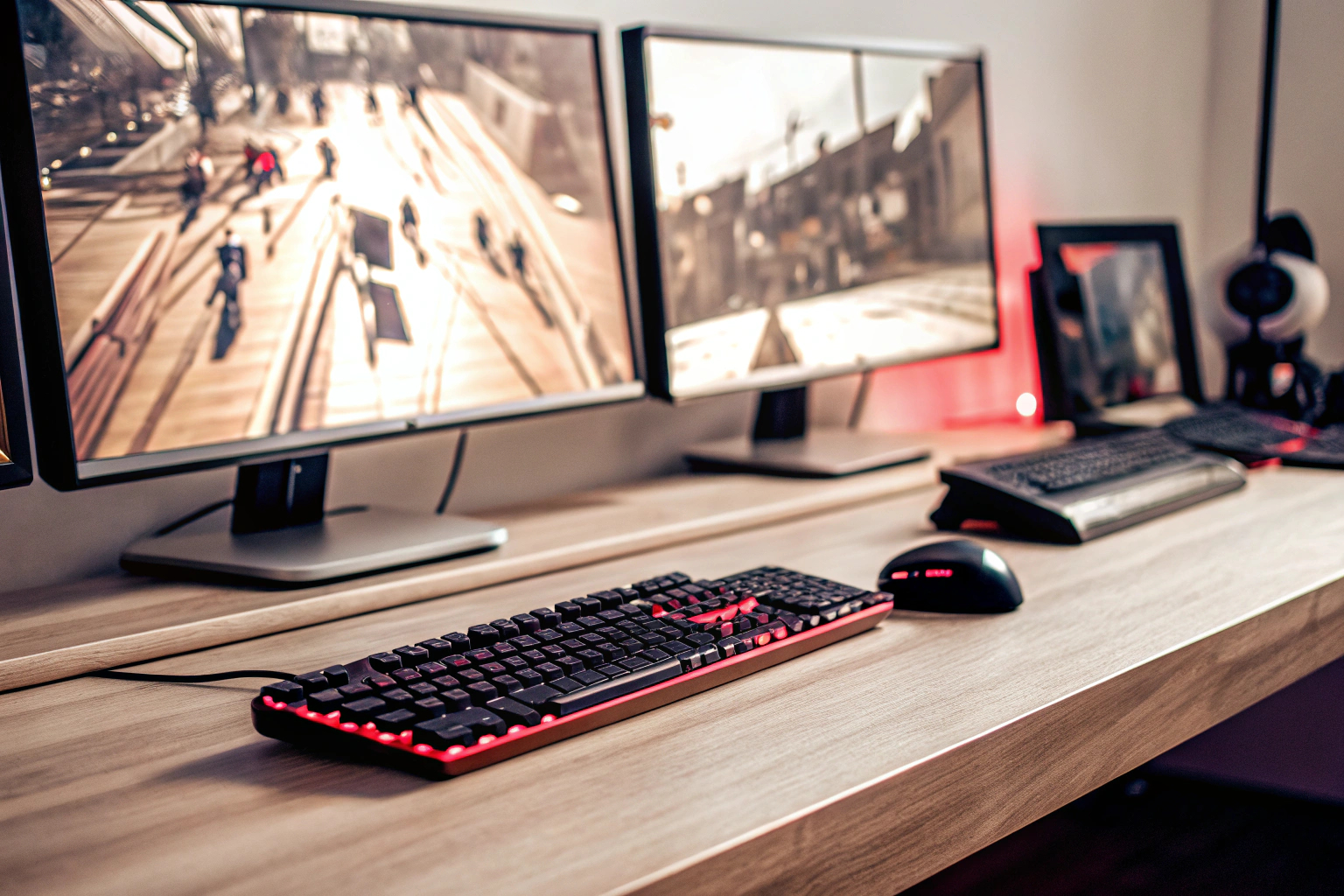 Ein Gaming-Setup mit mehreren Monitoren und RGB-Beleuchtung. Gaming-Setup mit RGB-Beleuchtung