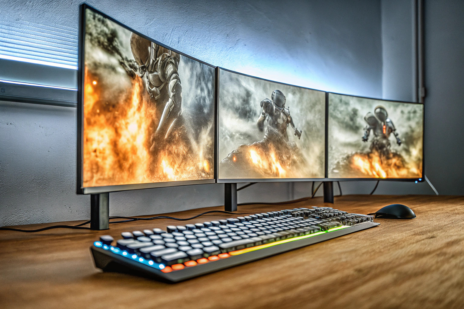 Ein Gaming-Setup mit mehreren Monitoren zeigt ein intensives Spielerlebnis. Gaming-Setup mit mehreren Monitoren