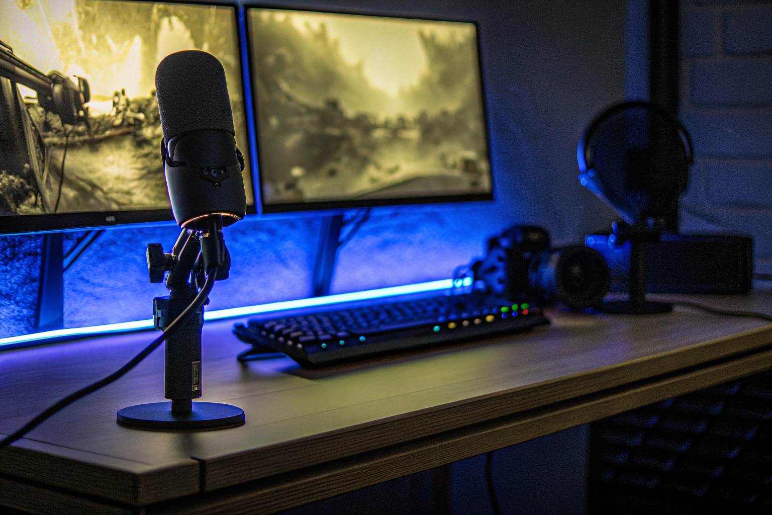 Ein Gaming-Setup mit Mikrofon, Kamera und Monitoren, perfekt zum Streamen. Gaming-Setup für Streamer