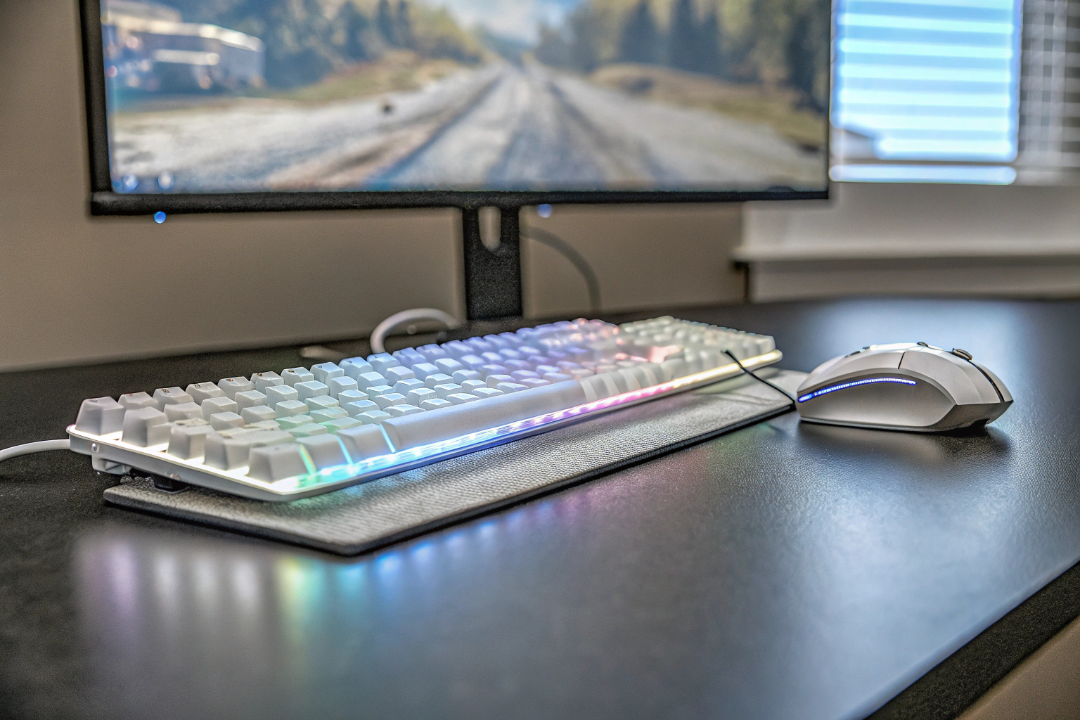 Ein Gaming-Setup mit RGB-beleuchteter Tastatur und Maus sowie einem Headset. Gaming-Setup mit RGB-Beleuchtung