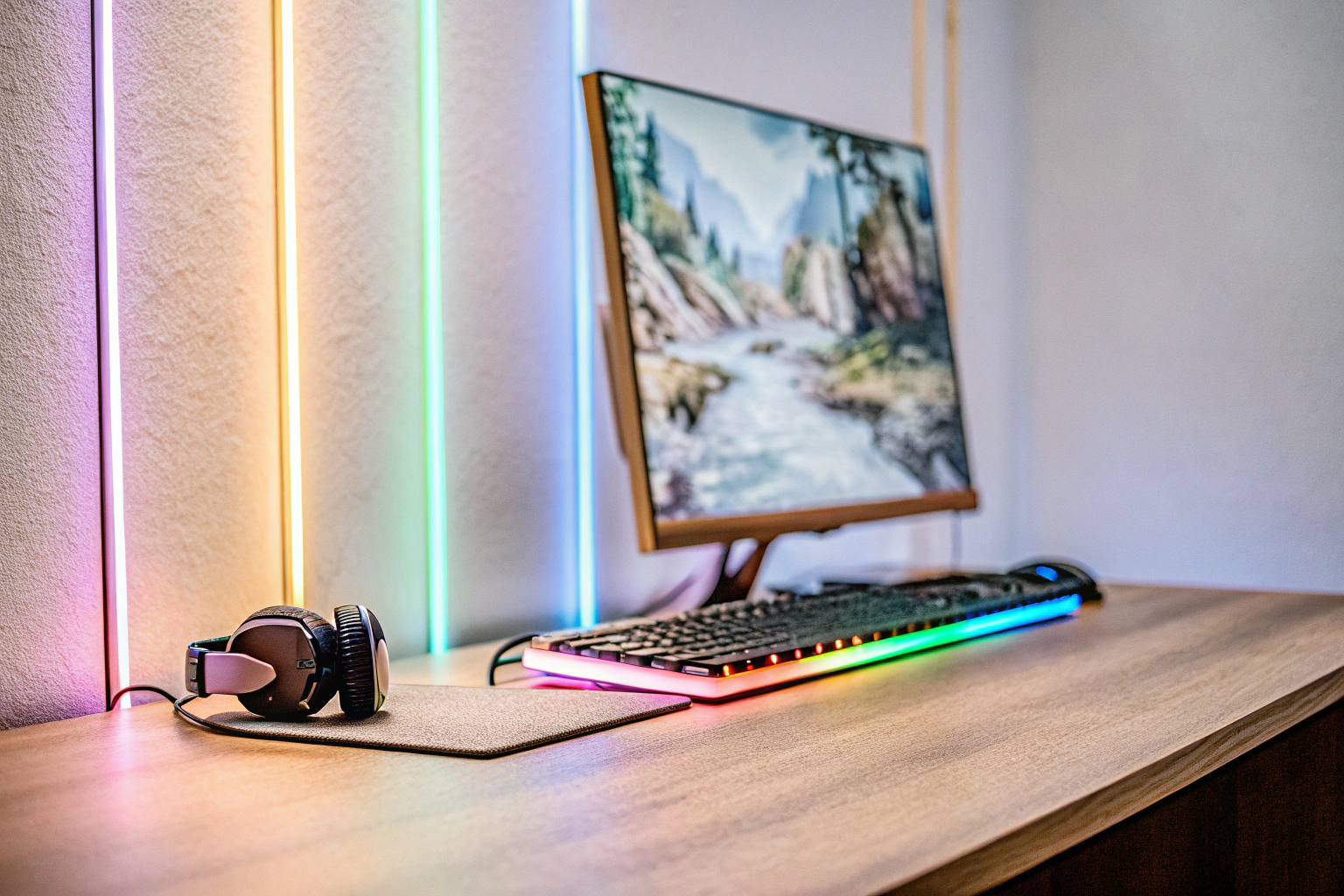 Ein Gaming-Setup mit RGB-Beleuchtung, das eine immersive Spielerfahrung bietet. Gaming Setup mit RGB-Beleuchtung