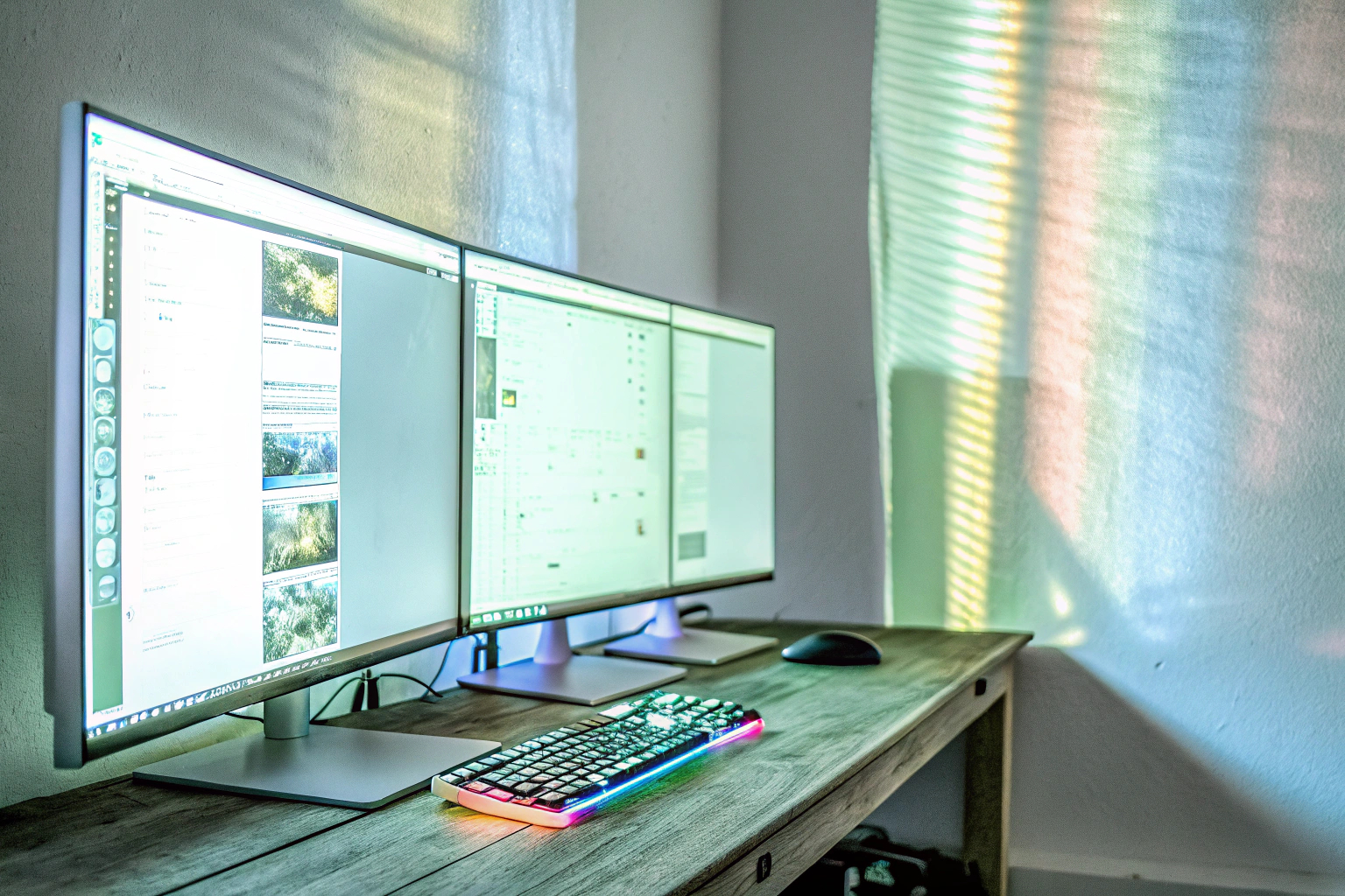 Ein Gaming-Setup mit RGB-Beleuchtung und Monitoren, das in einem Raum mit gedämpfter Beleuchtung steht. Gaming-Setup mit RGB-Beleuchtung