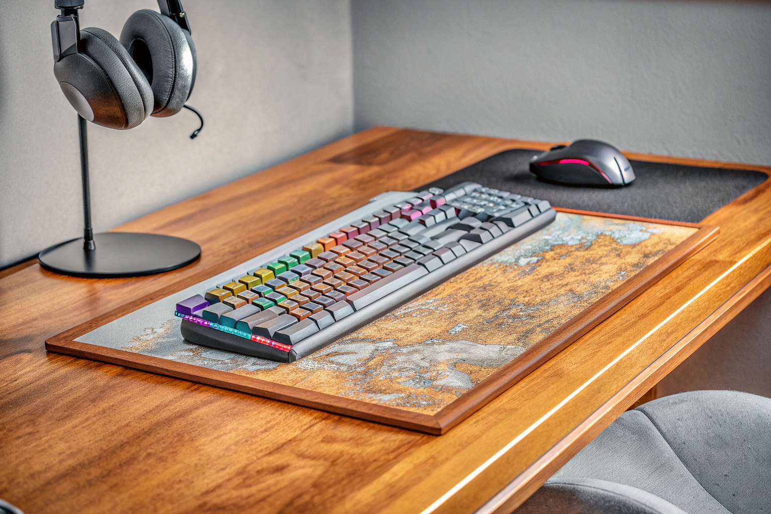 Ein Gaming-Setup mit Tastatur, Maus und Headset, ideal für MMORPG-Spieler. Gaming-Setup für MMORPGs