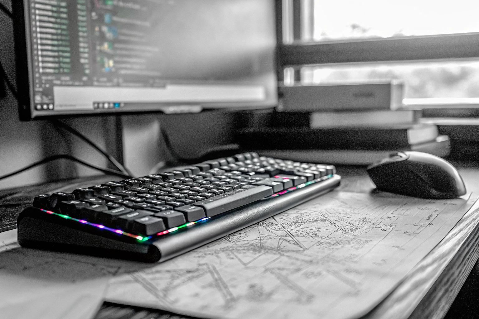 Ein Gaming-Setup mit Tastatur und Maus, das die Kreativität und den Prozess der Game-Entwicklung symbolisiert. Gaming-Setup für die Game-Entwicklung