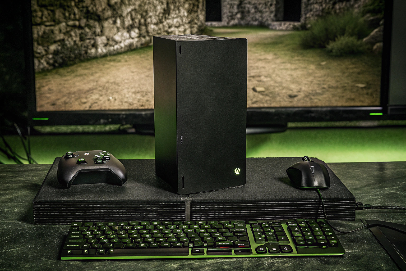Ein Gaming-Setup mit verschiedenen Xbox-Zubehörteilen, die die Konsole und den Controller umgeben. Verschiedene Xbox-Zubehörteile