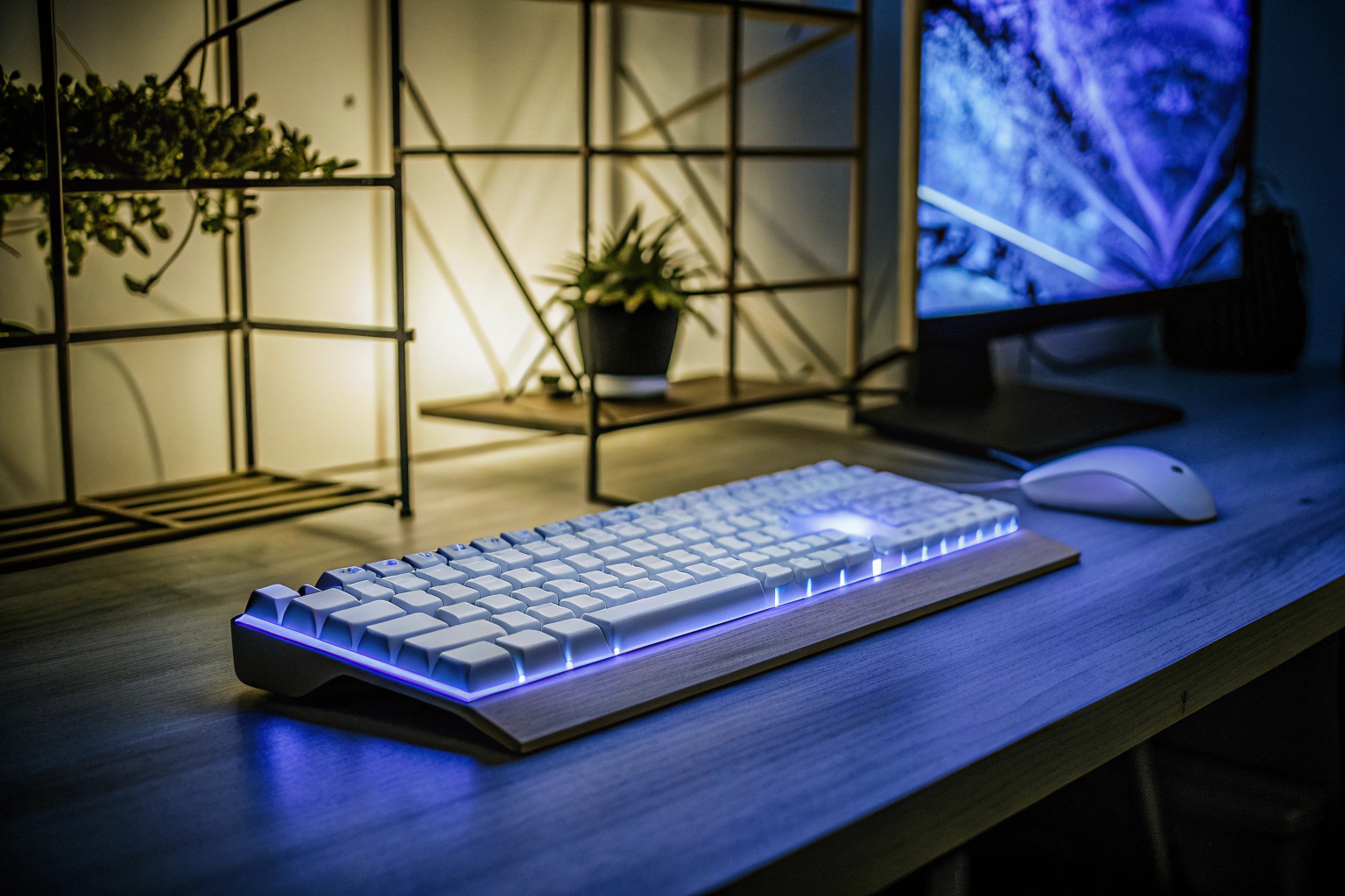 Ein Gaming-Setup mit weißer RGB-Tastatur und Maus, passend zur modernen Einrichtung. Weißes Gaming-Setup mit RGB-Beleuchtung