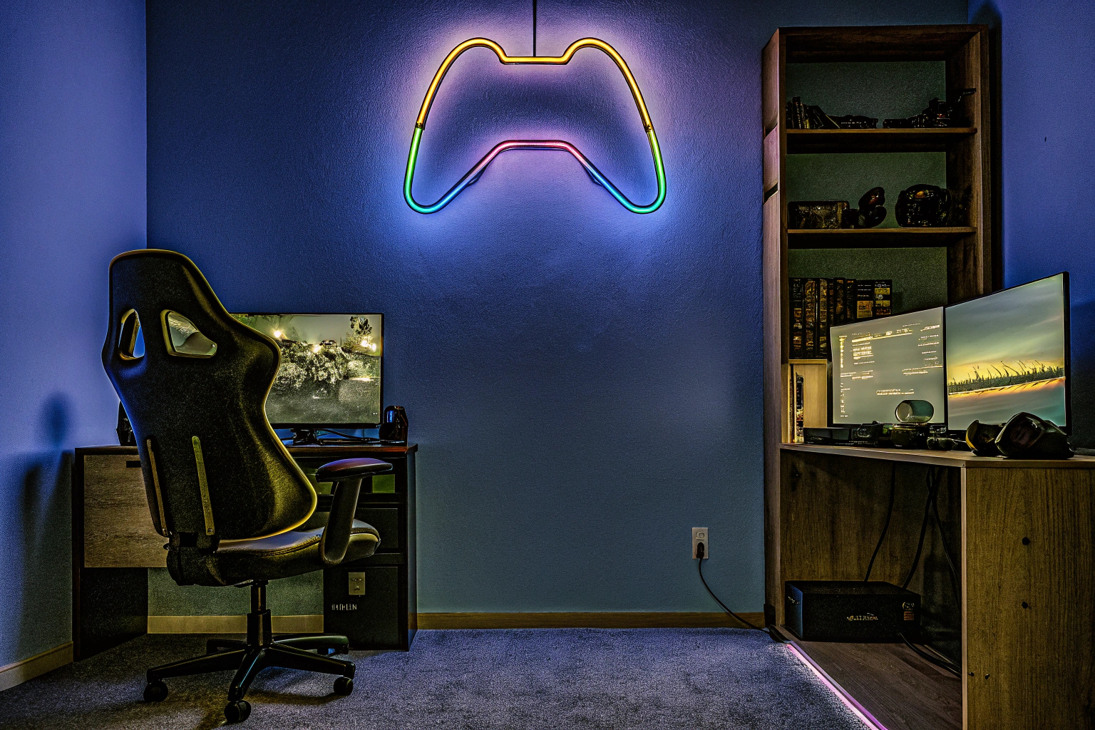 Ein Gaming-Zimmer mit einem coolen Gamepad-Neonlicht an der Wand. Gamepad-Neonlicht im Gaming-Zimmer