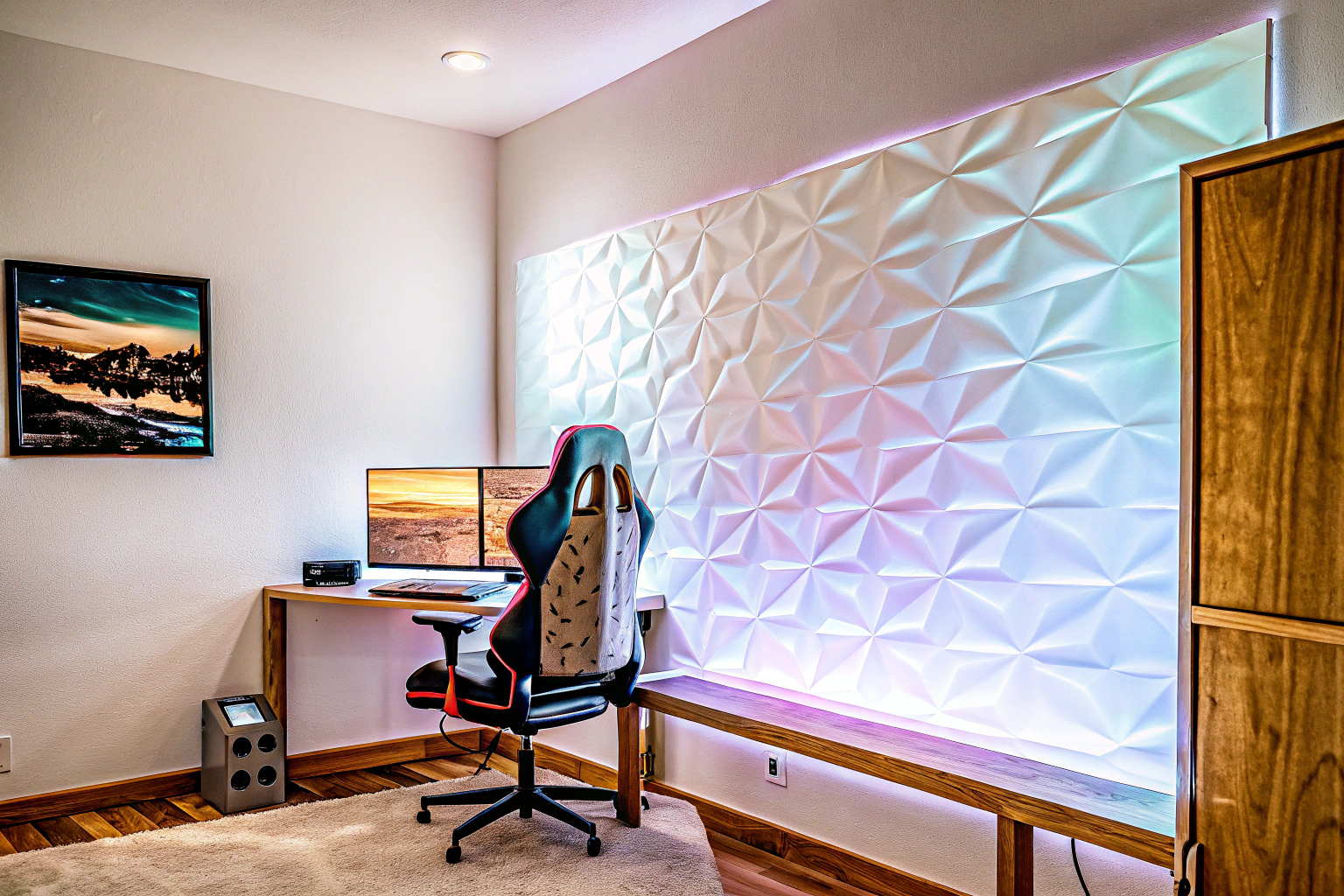Ein Gaming-Zimmer mit modernen 3D-Wandpaneelen, die eine dreidimensionale Optik bieten. 3D-Wandpaneele im Gaming-Zimmer