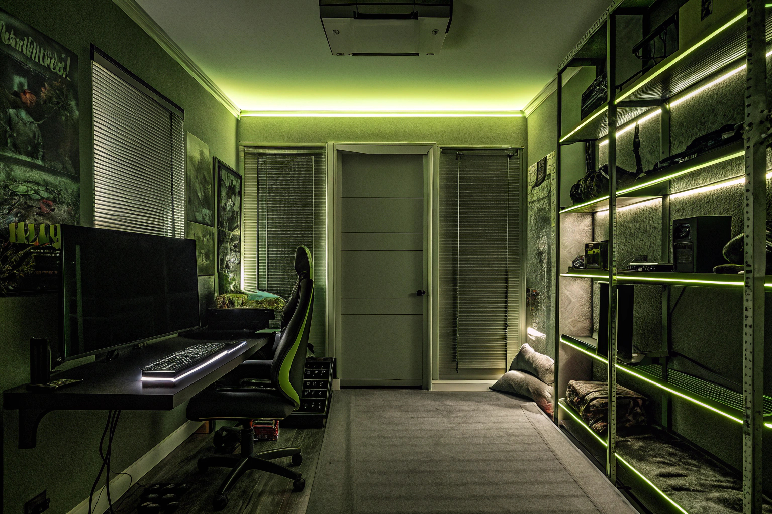 Ein Gaming-Zimmer mit Neonlichtern und Gaming-Zubehör. Gaming-Zimmer mit Neonlichtern