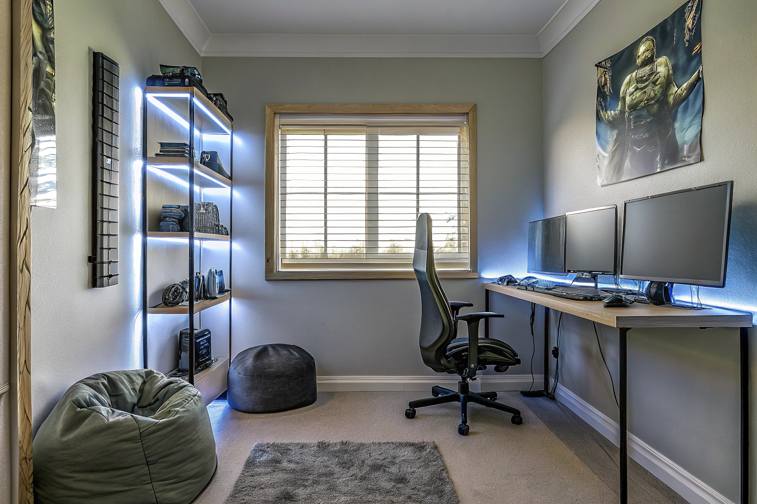 Ein Gaming-Zimmer mit thematischer Dekoration, das die Persönlichkeit des Gamers widerspiegelt. Personalisierte Gaming-Zimmer-Dekoration