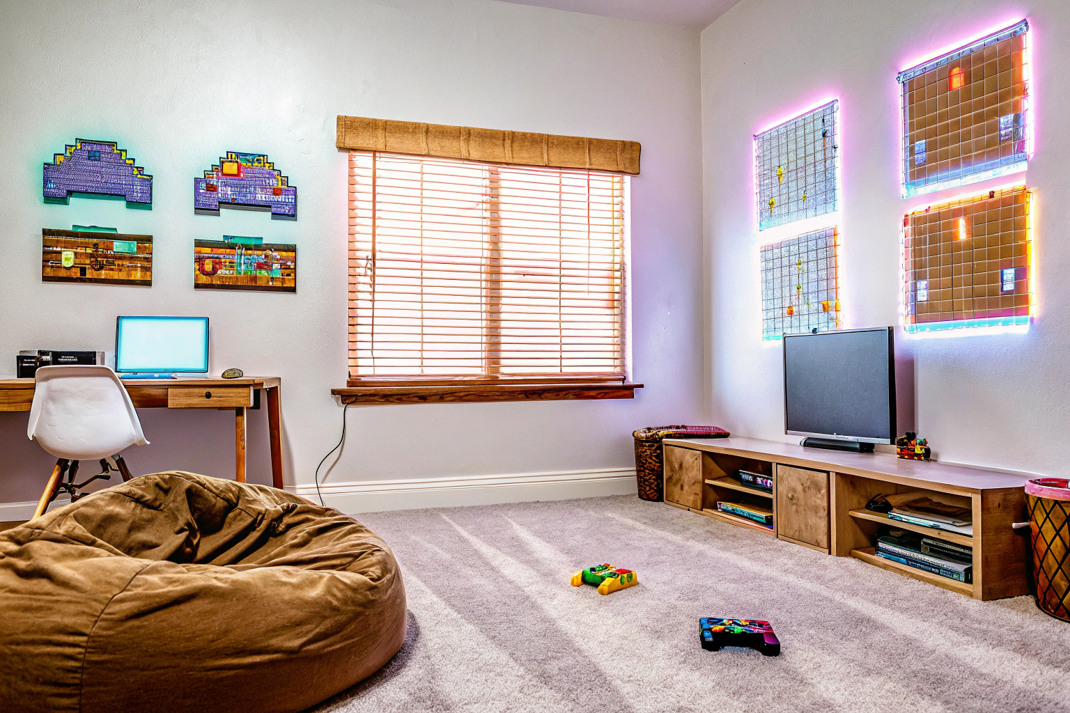 Ein Gaming-Zimmer mit verschiedenen Pixel-Art-Gadgets und Social Gaming Zubehör. Gaming Zimmer mit Pixel-Art-Gadgets