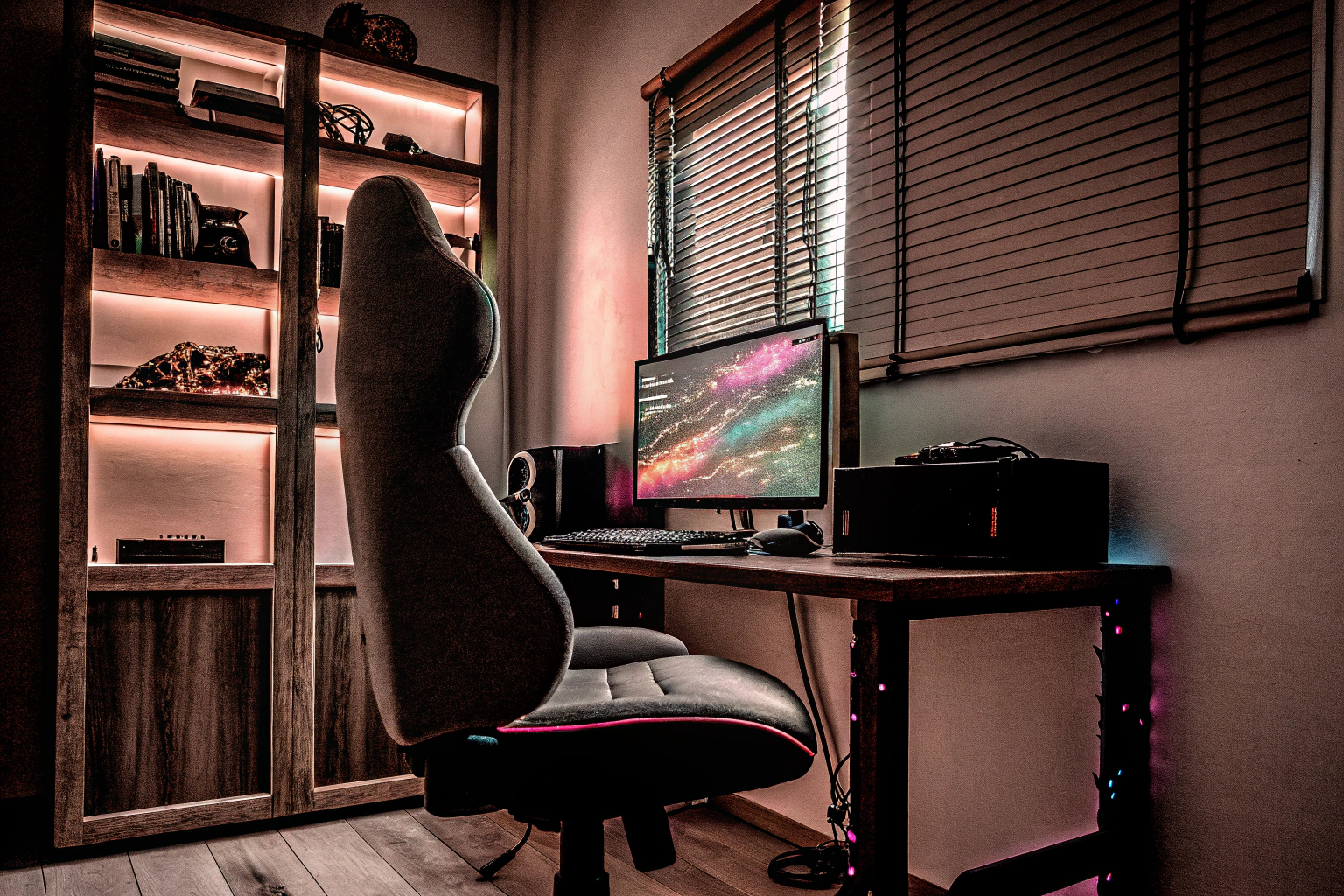 Ein gemütliches Gaming-Zimmer mit stimmungsvollem Licht und einem bequemen Gaming-Stuhl. Gemütliches Gaming-Zimmer