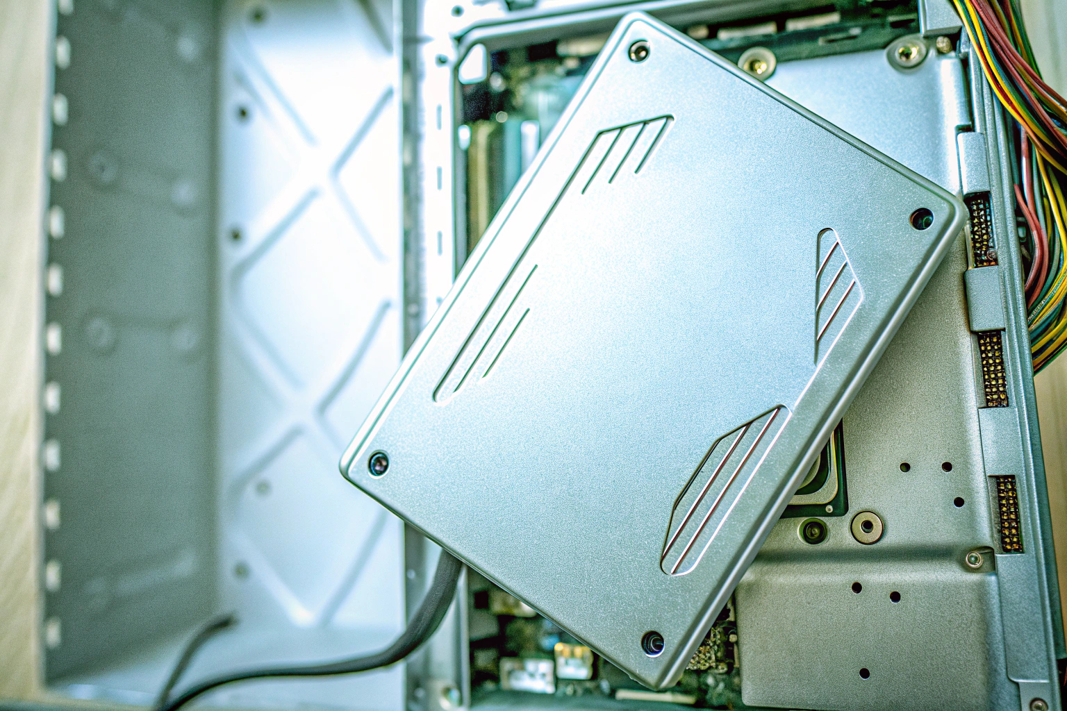 Ein geöffnetes Computergehäuse mit einer installierten SSD. SSD Installation