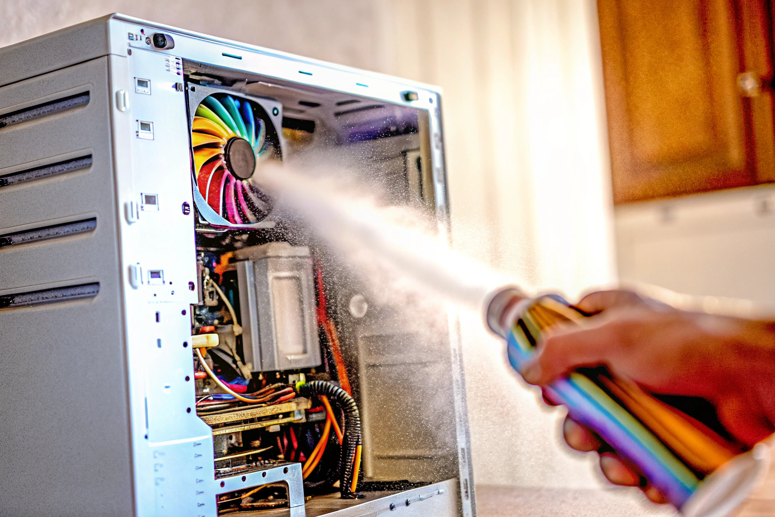Ein geöffnetes PC-Gehäuse, das gereinigt wird. Staub und Schmutz werden mit einem Druckluftspray entfernt. Reinigung eines geöffneten PC-Gehäuses mit Druckluft