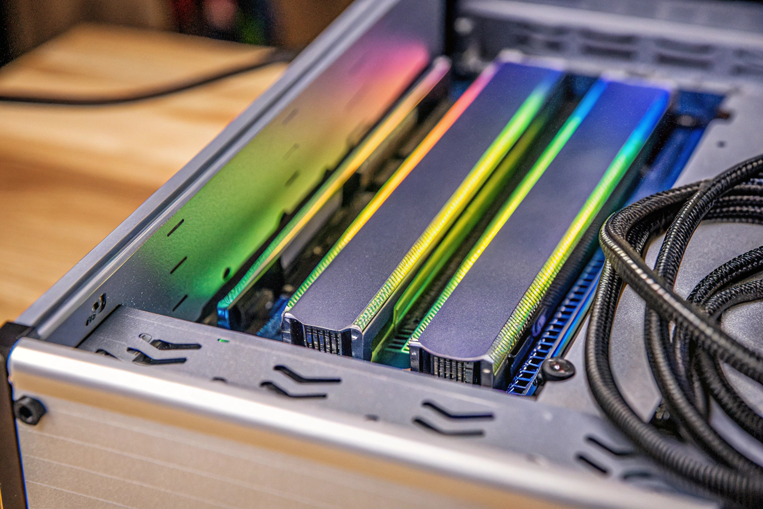 Ein geöffnetes PC-Gehäuse mit sichtbaren RAM-Sticks und einer SSD. PC-Hardware-Upgrade