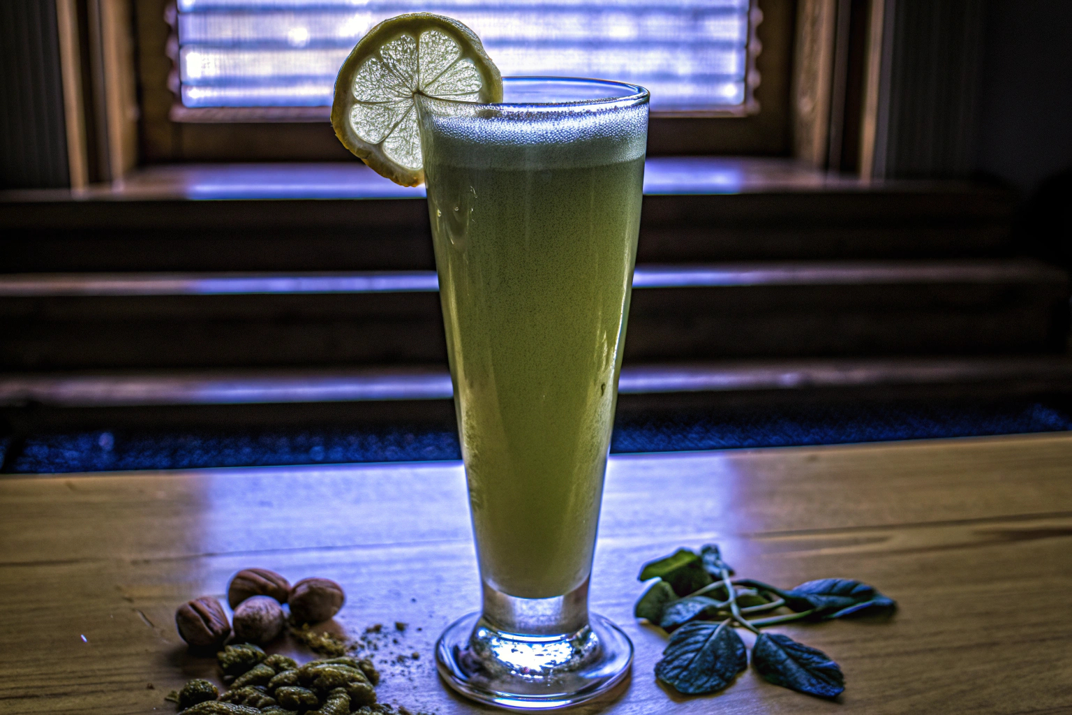 Ein Glas mit einem gesunden Energy-Drink aus BIO-Pulver. Gesunder Energy-Drink