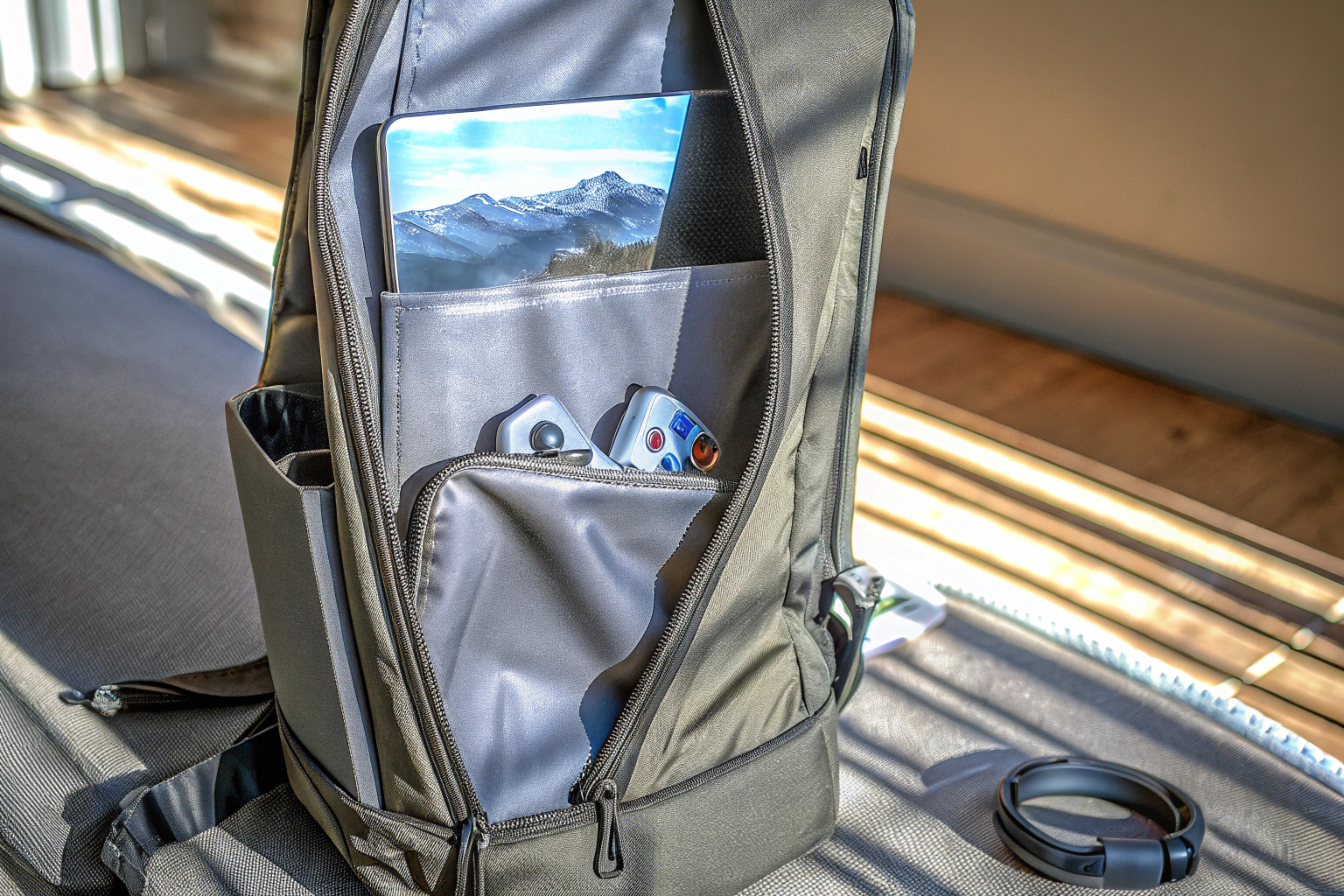 Ein großer Rucksack, der für Gaming-Ausrüstung genutzt wird. Großer Gaming-Rucksack