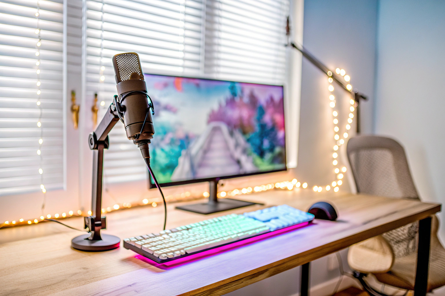 Ein gut ausgestattetes Gaming-Stream-Setup mit Monitoren, Mikrofon und Beleuchtung. Gaming-Stream-Setup