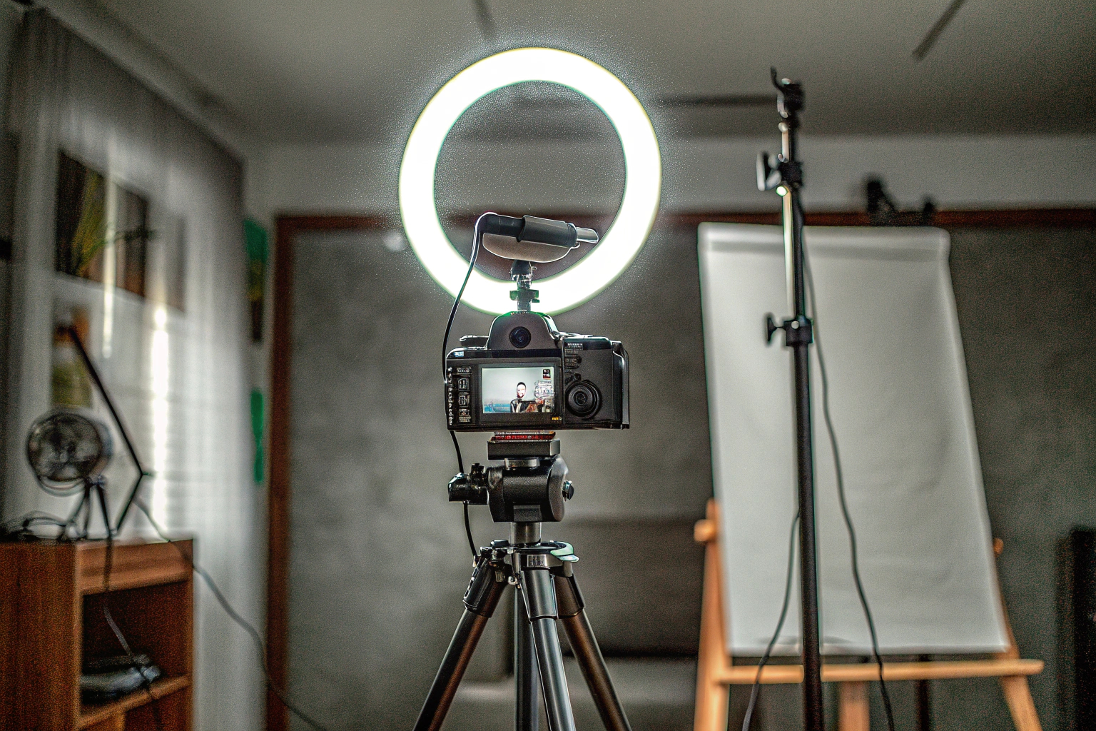 Ein gut ausgestattetes Streaming-Setup mit Mikrofon, Kamera und Beleuchtung. Streaming-Setup
