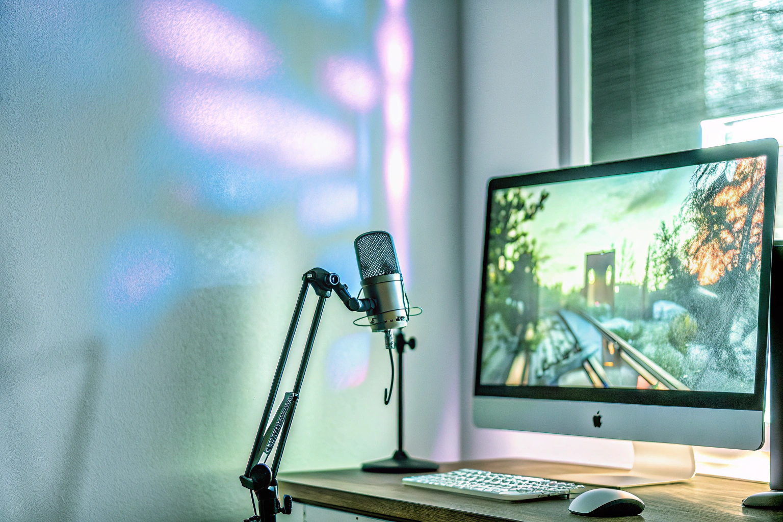 Ein gut beleuchtetes Streaming-Setup mit mehreren Lichtern, das eine gleichmäßige Ausleuchtung bietet. Professionelle Streaming-Beleuchtung