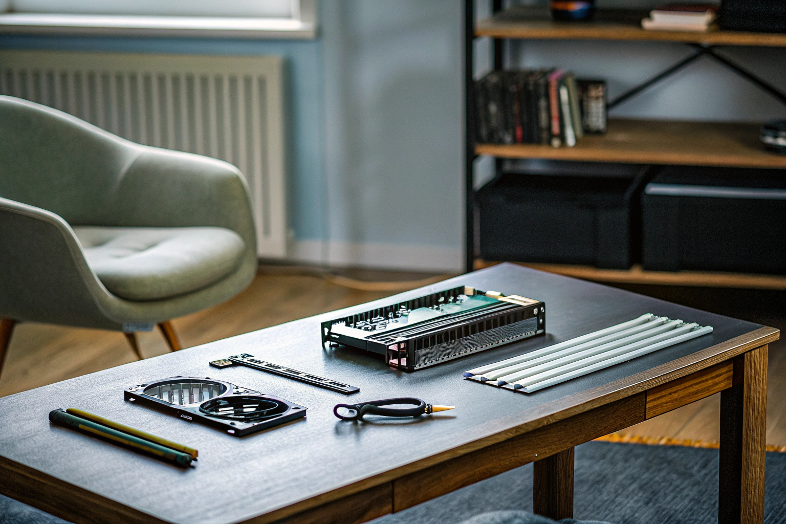 Ein gut organisierter Arbeitsplatz für den PC-Bau mit allen notwendigen Werkzeugen und Komponenten. Vorbereitung für den PC-Bau