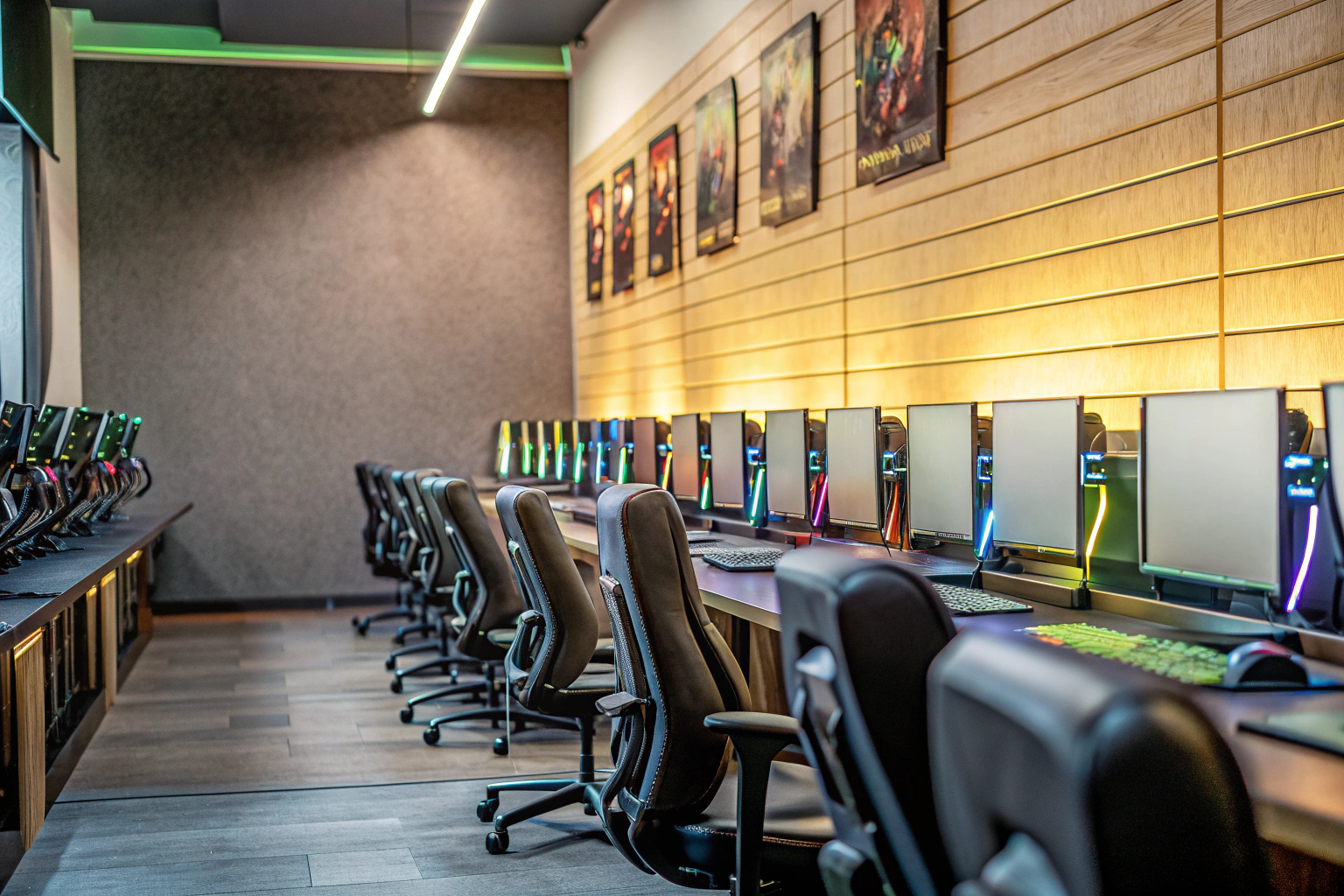 Ein gut organisierter Gaming-Raum mit mehreren Stationen für Spieler, ideal für Events. Gaming-Raum für Events