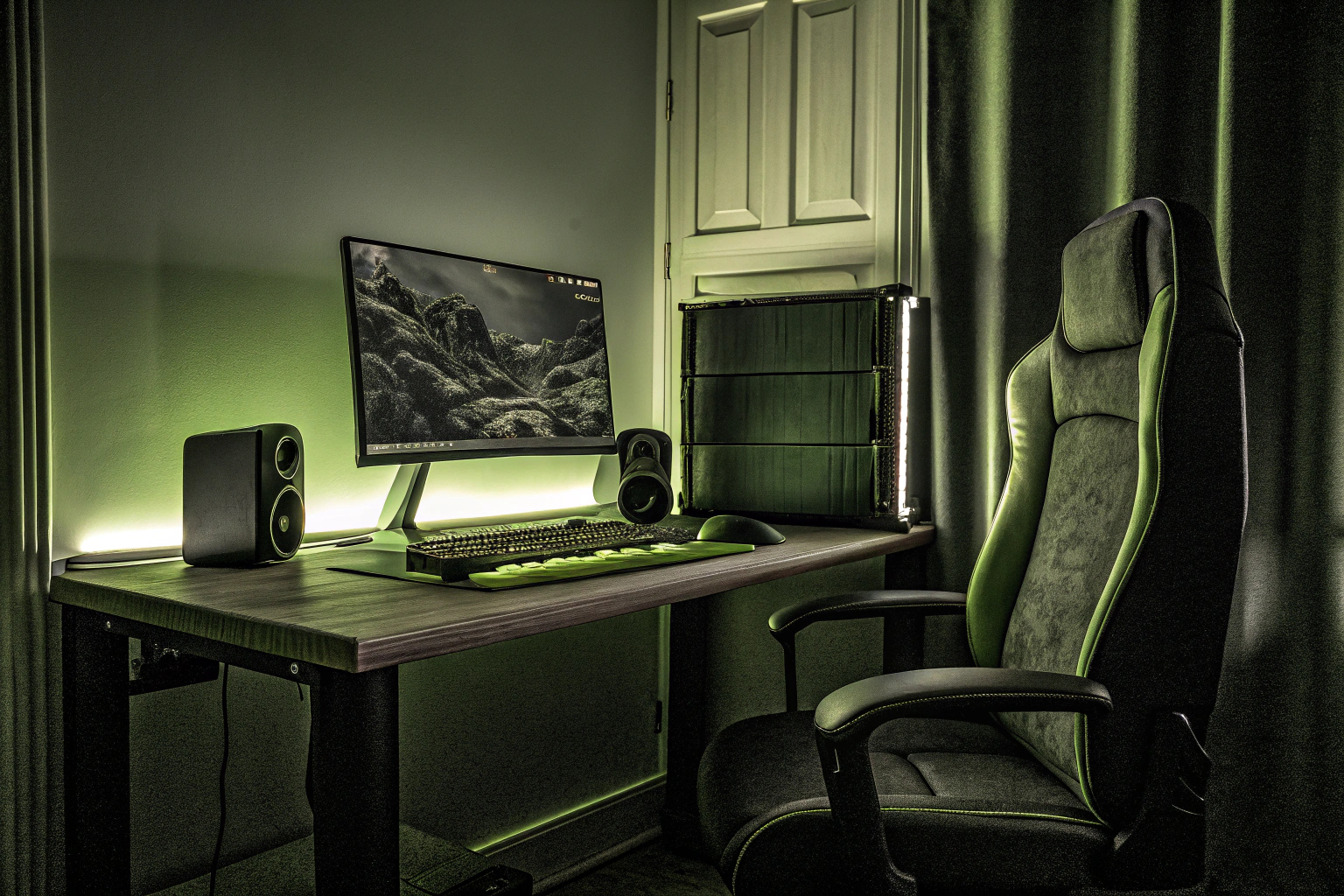 Ein gut organisierter Gaming-Schreibtisch mit Monitor, Tastatur und Zubehör. Organisierter Gaming-Schreibtisch