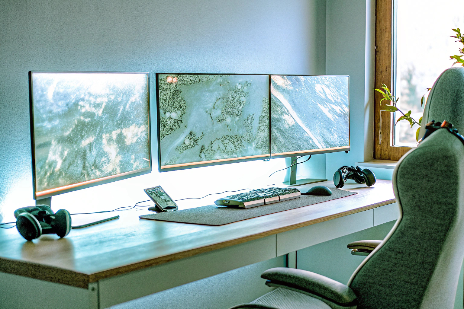 Ein gut organisiertes Gaming-Setup mit mehreren Monitoren und RGB-Beleuchtung. Gaming-Setup mit RGB-Beleuchtung