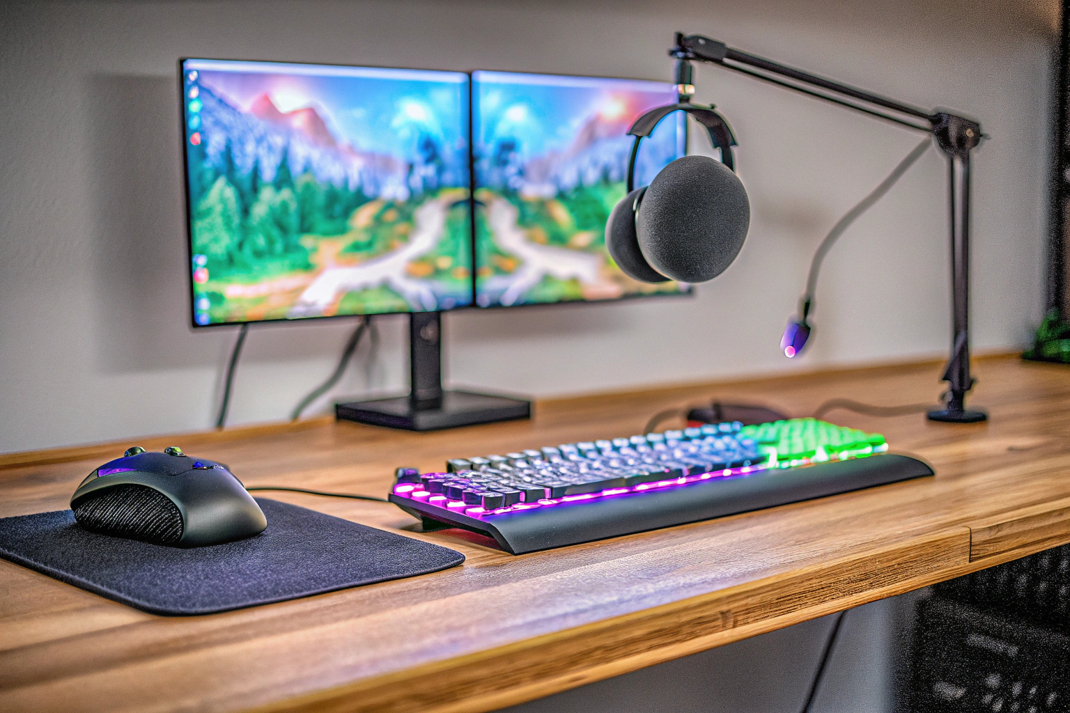 Ein gut organisiertes Streaming-Setup mit allen notwendigen Tools an ihrem Platz. Organisiertes Streaming-Setup