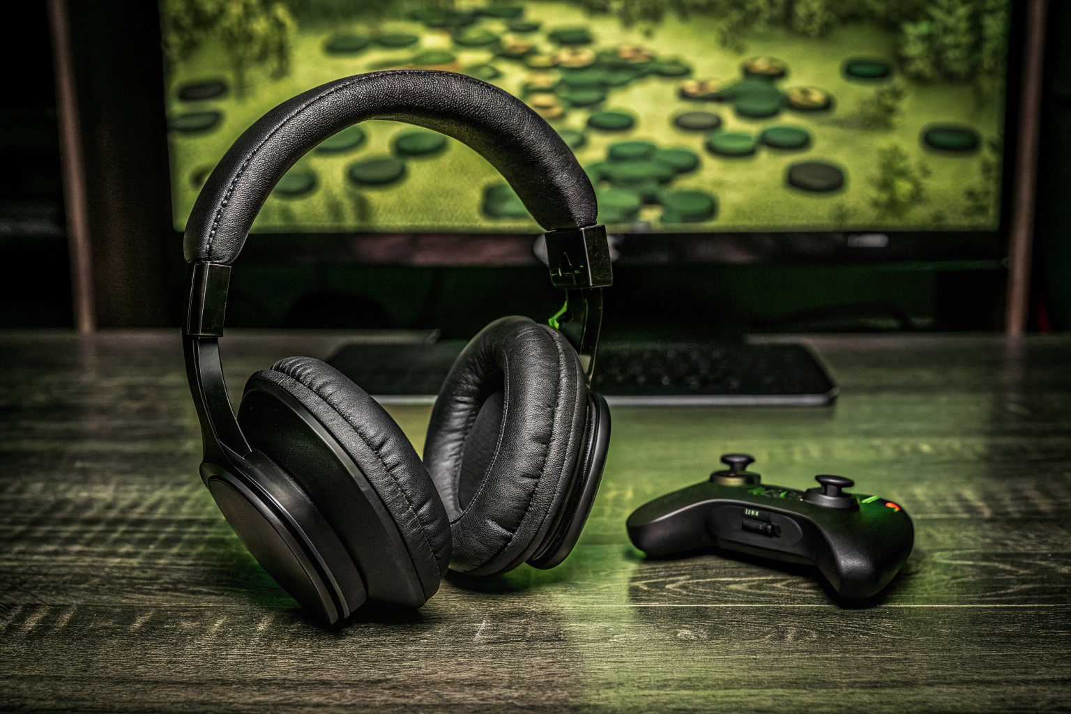 Ein Headset neben einem Gaming-Controller auf einem Schreibtisch. Gaming-Headset und Controller