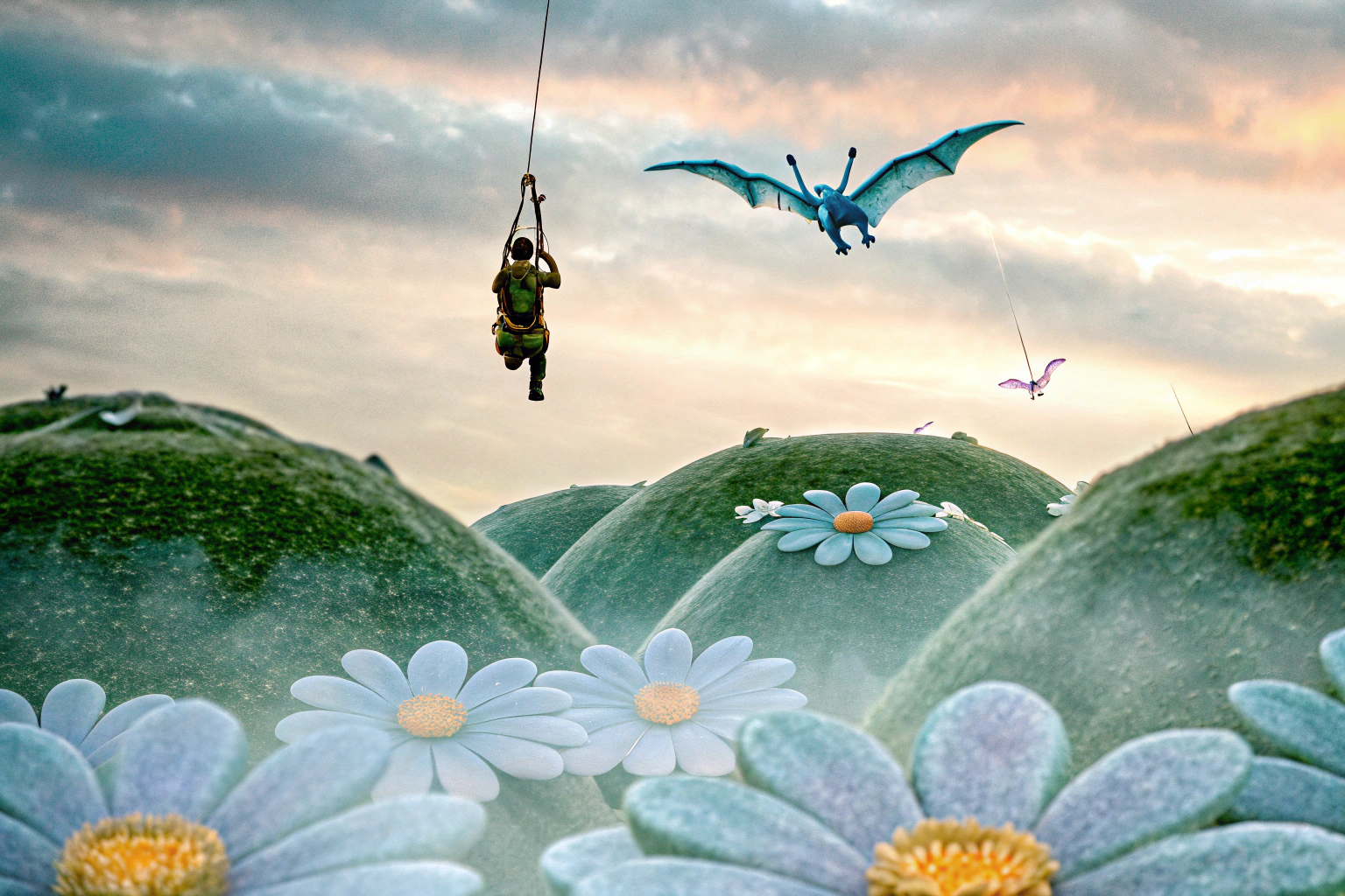 Ein Held fliegt über eine farbenfrohe, mythische Landschaft, bereit für den Kampf gegen riesige Kreaturen. Heldenflug in Immortals Fenyx Rising