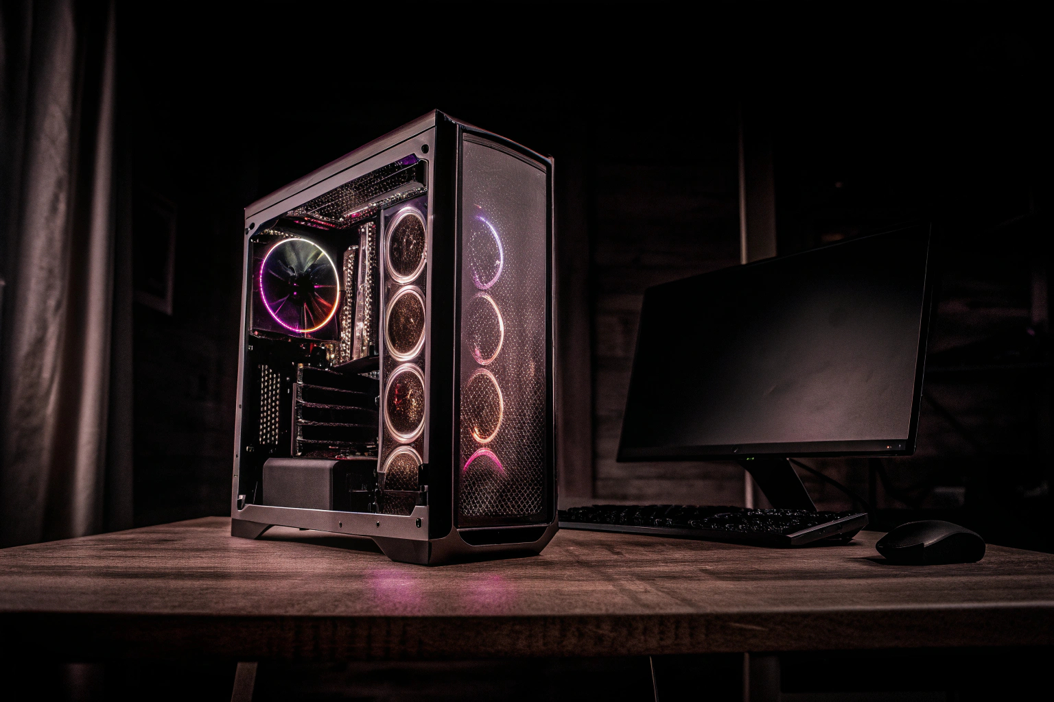 Ein High-End-Gaming-PC in einem futuristischen Gehäuse mit RGB-Elementen High-End-Gaming-PC mit RGB-Elementen