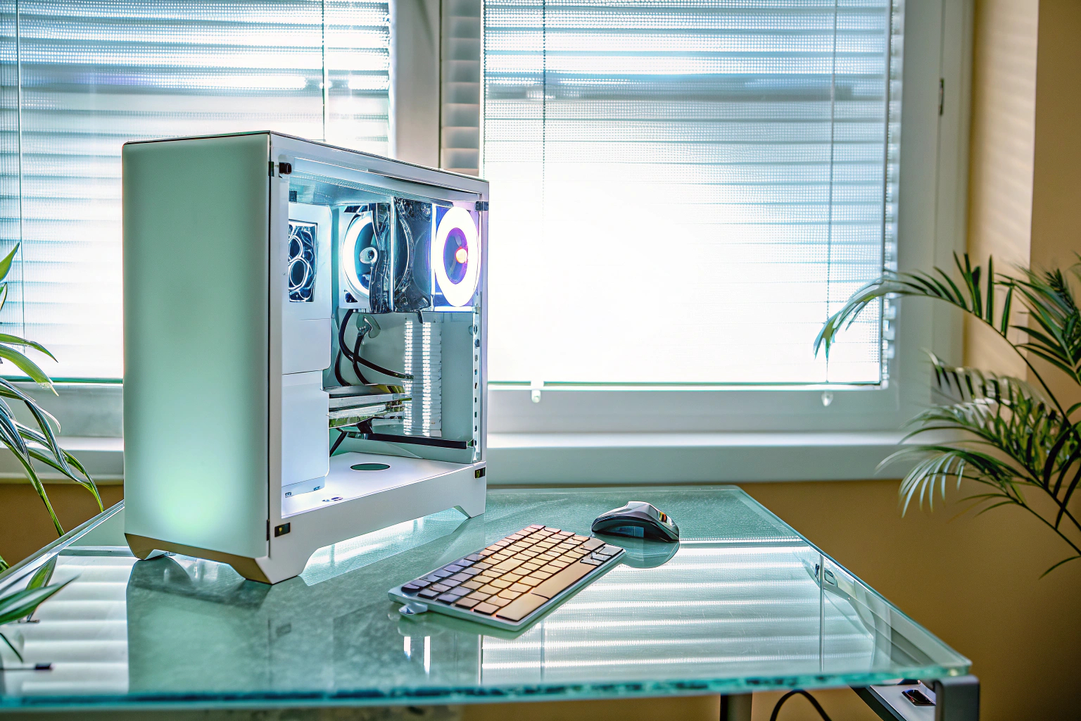 Ein High-End-Gaming-PC mit beleuchtetem Gehäuse in einer Gaming-Umgebung. High-End-Gaming-PC