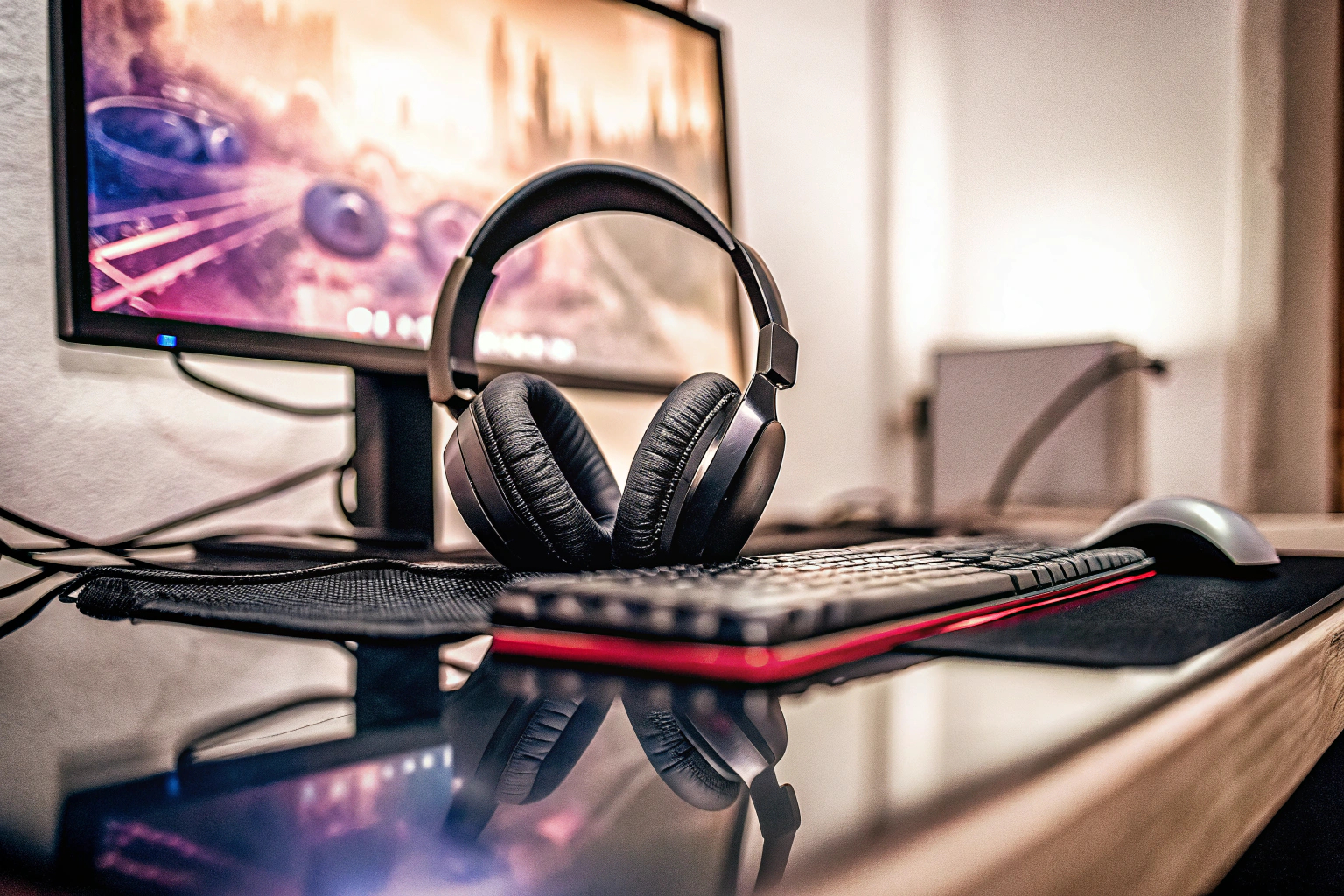 Ein hochwertiges Gaming-Headset liegt auf einem Gaming-Schreibtisch, bereit für die nächste Multiplayer-Session. Gaming-Headset auf Schreibtisch