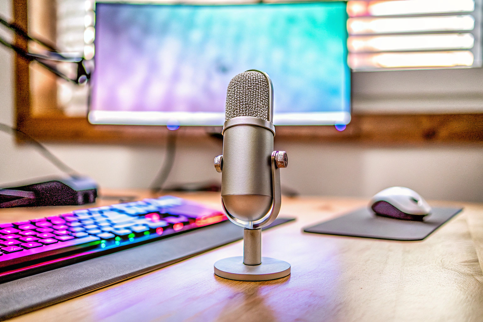Ein hochwertiges Mikrofon auf einem Schreibtisch, umgeben von Gaming-Equipment. Professionelles Mikrofon für Streaming