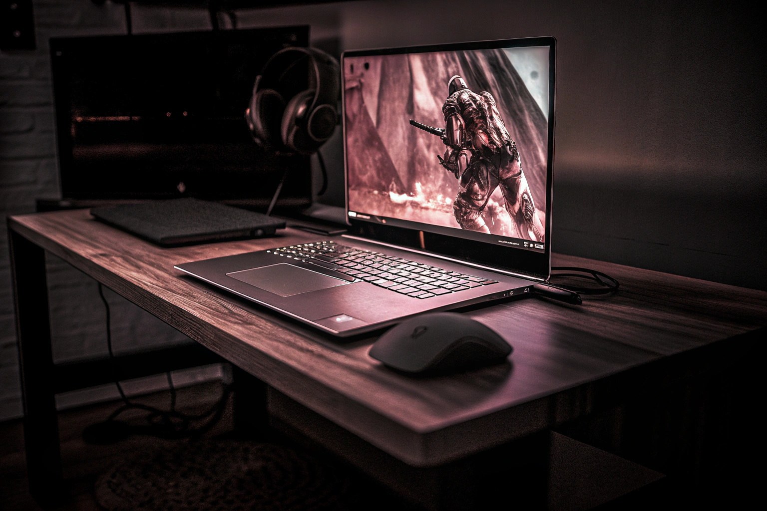 Ein HP Gaming Laptop mit beleuchtetem Bildschirm in einer modernen Umgebung. HP Gaming Laptop beleuchtet