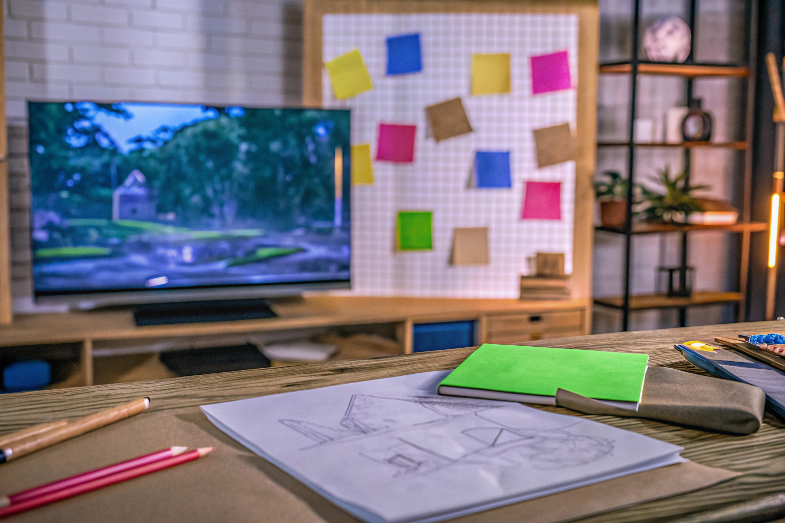 Ein Indie-Spielentwickler bei der Arbeit in einem gemütlichen Büro, umgeben von Notizbüchern und Konzeptkunst. Indie-Spielentwickler bei der Arbeit