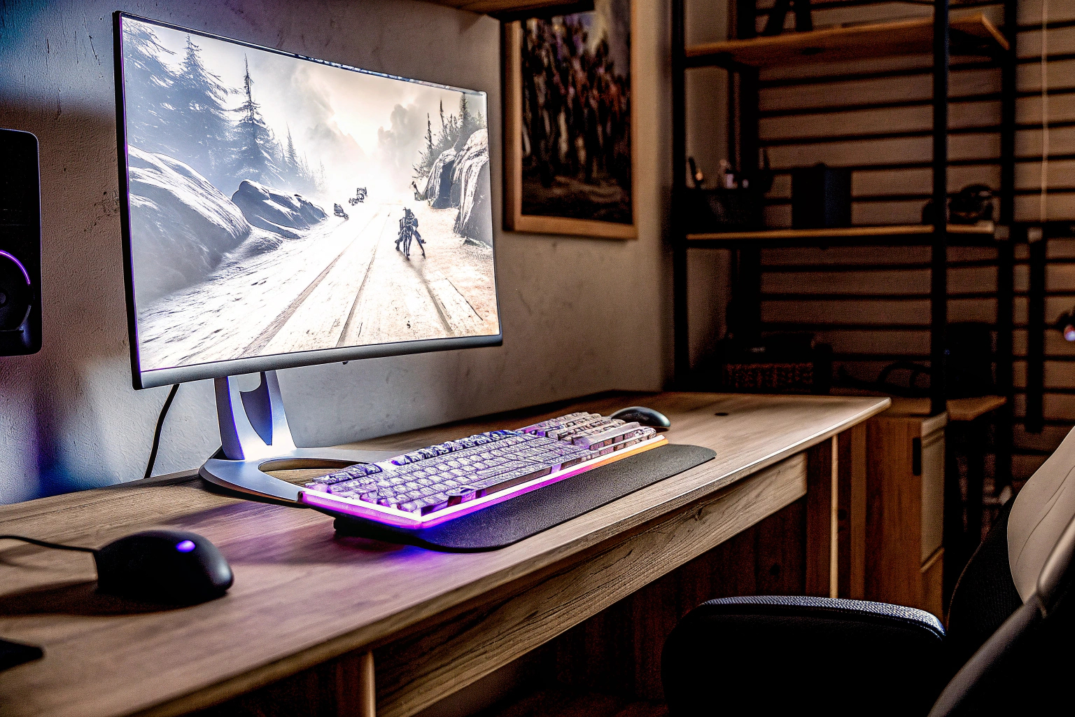 Ein intensives Gaming-Setup mit einem gebogenen Monitor und RGB-beleuchteten Peripheriegeräten. Immersives Gaming-Setup