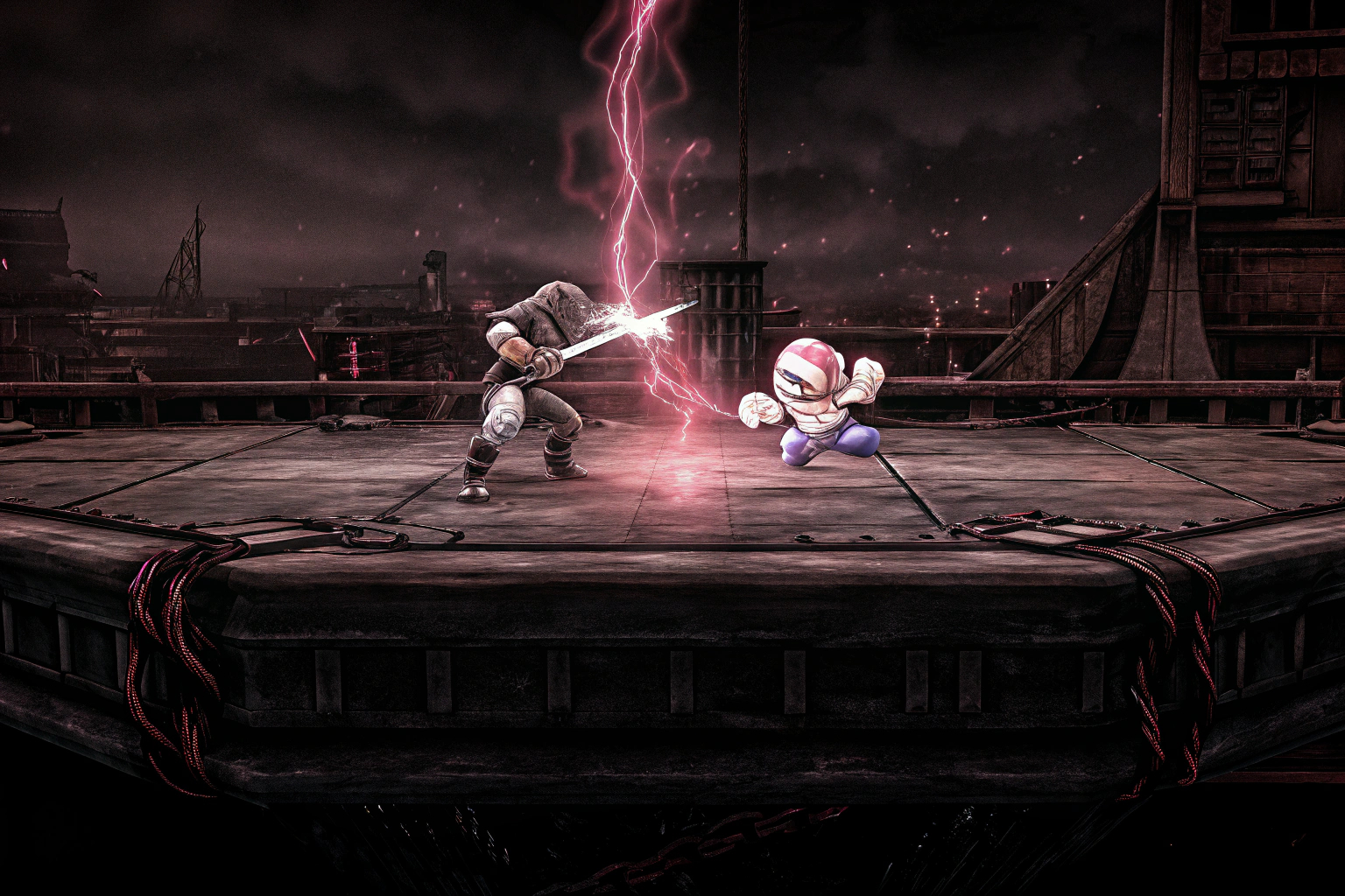 Ein intensives Kampfgeschehen in Super Smash Bros. Ultimate mit mehreren ikonischen Charakteren auf der Bühne. Super Smash Bros. Ultimate Kampf