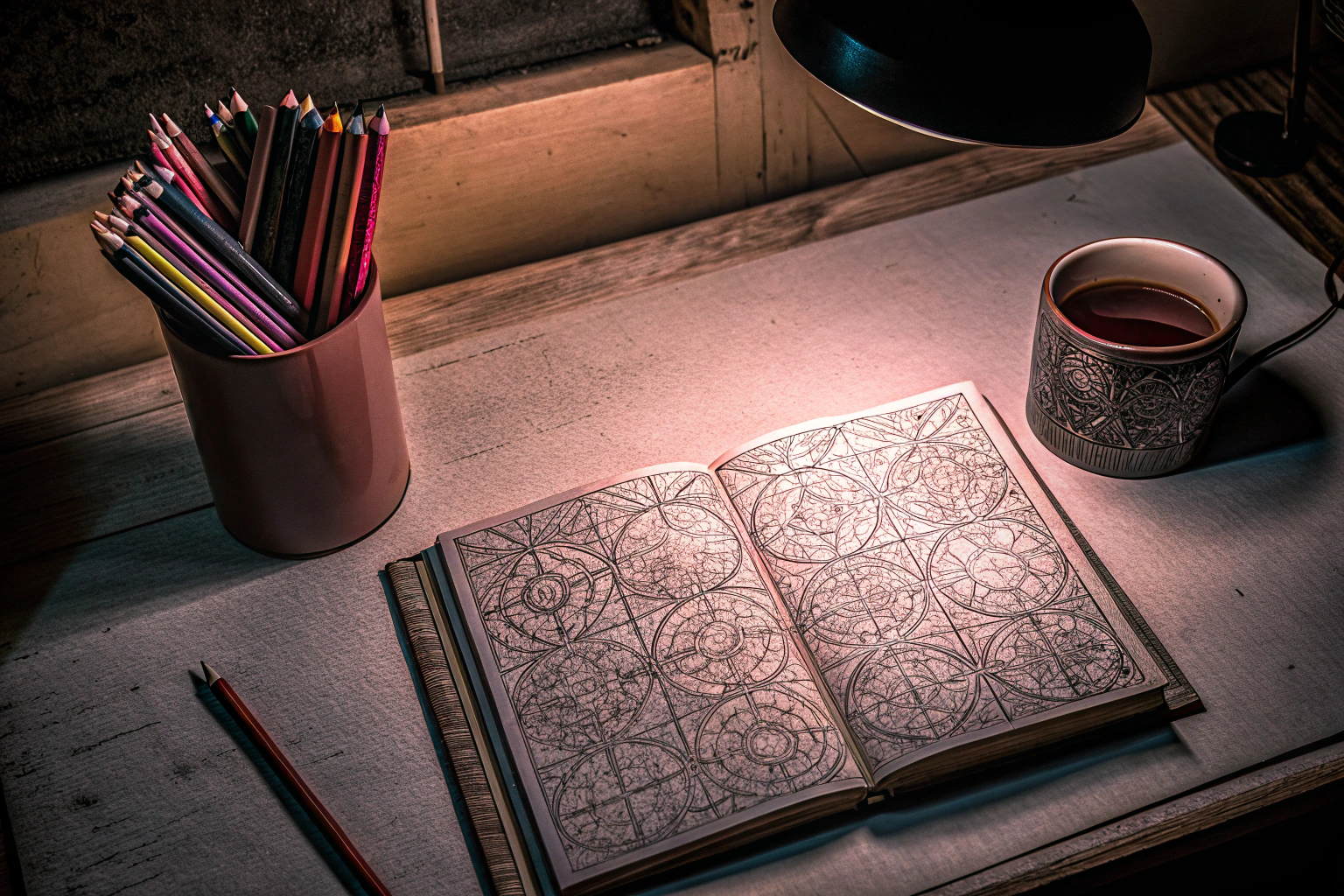 Ein Jugendlicher, der konzentriert an einem Tisch sitzt und ein Rätselbuch löst, umgeben von Stiften und Notizblöcken. Jugendlicher mit Rätselbuch