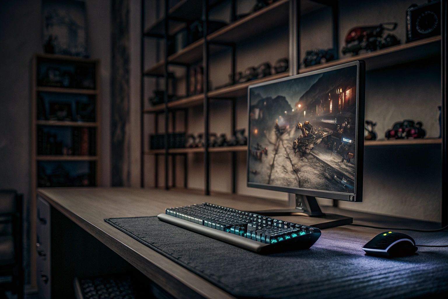 Ein junger Gamer, der konzentriert auf seinen Bildschirm schaut, während er ein E-Sport-Spiel spielt. E-Sport Gamer am Bildschirm