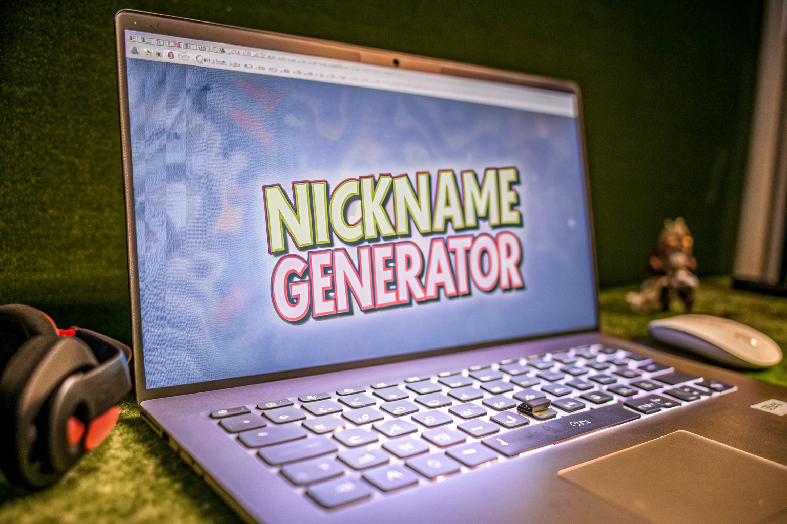 Ein junger Mann, der an einem Laptop sitzt und an einem Nickname-Generator arbeitet. Mann am Laptop mit Nickname-Generator