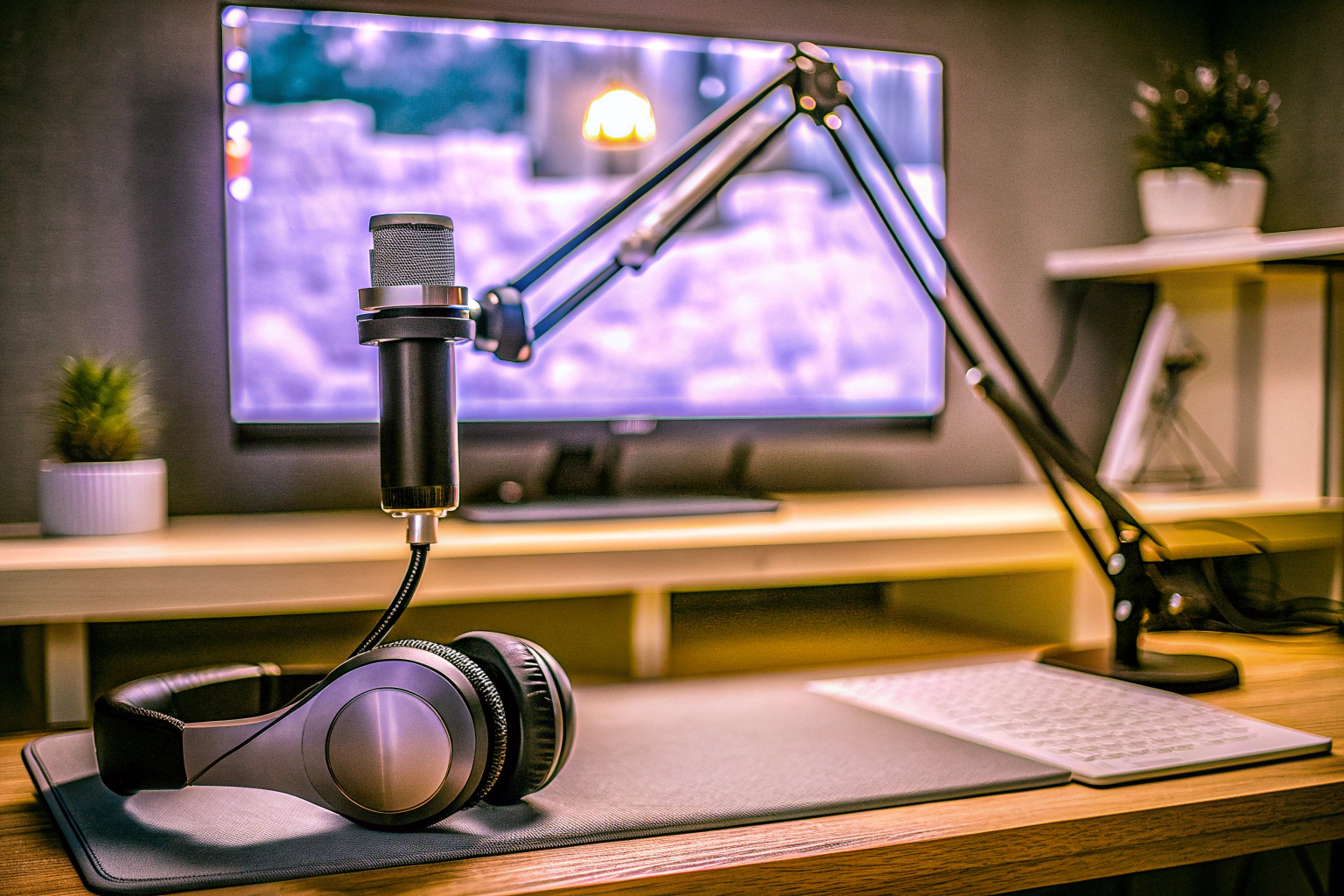 Ein junger Streamer sitzt an seinem Schreibtisch mit einem kompletten Streaming-Setup, inklusive Mikrofon und Kopfhörern. Streaming-Setup für Anfänger