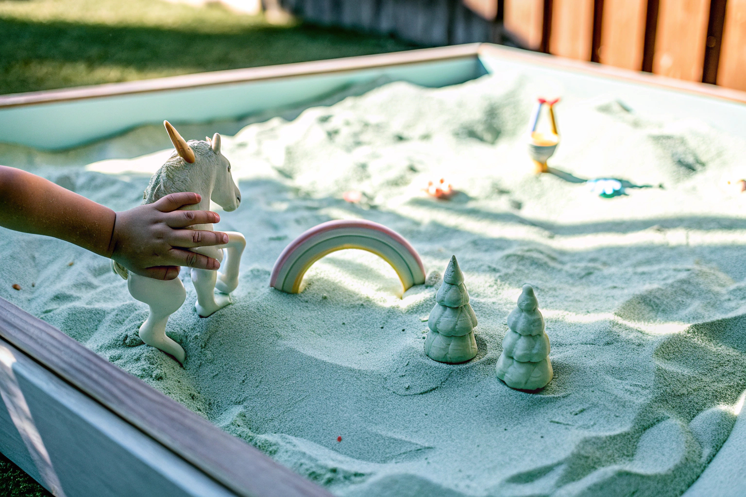 Ein Kind baut mit dem Weilim Sand Sandbox Set eine Einhornwelt. Kind baut mit Weilim Sand Sandbox Set