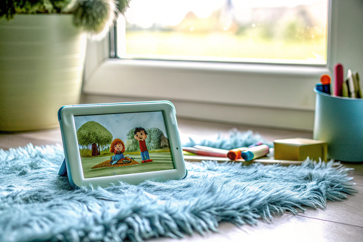 Ein Kind, das auf einem Tablet ein buntes und kindgerechtes Spiel spielt, während es lächelt. Kinderspiel auf Tablet
