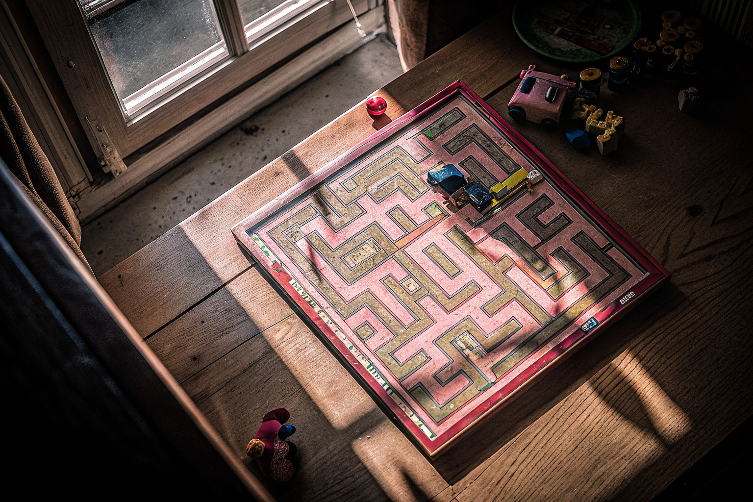 Ein Kind, das ein Labyrinth-Puzzle-Spiel spielt und dabei konzentriert aussieht. Kind spielt Labyrinth-Puzzle-Spiel