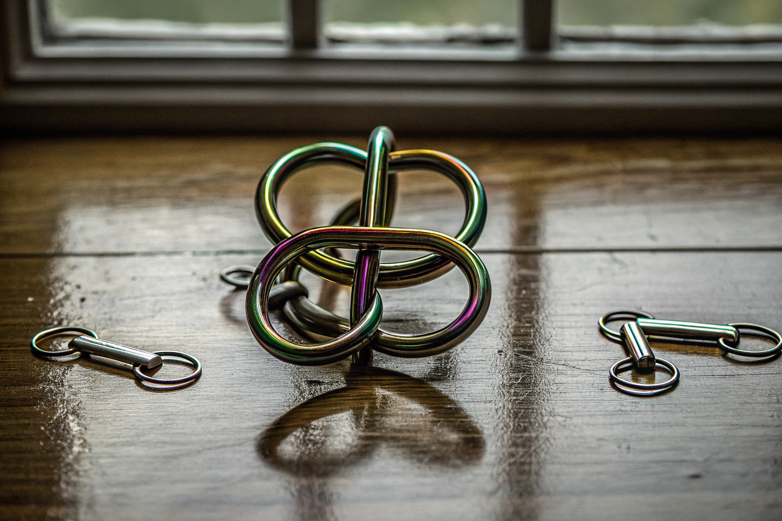Ein Kind, das mit einem der Metallpuzzles aus dem Qanmua Set spielt. Kind spielt mit Metallpuzzle