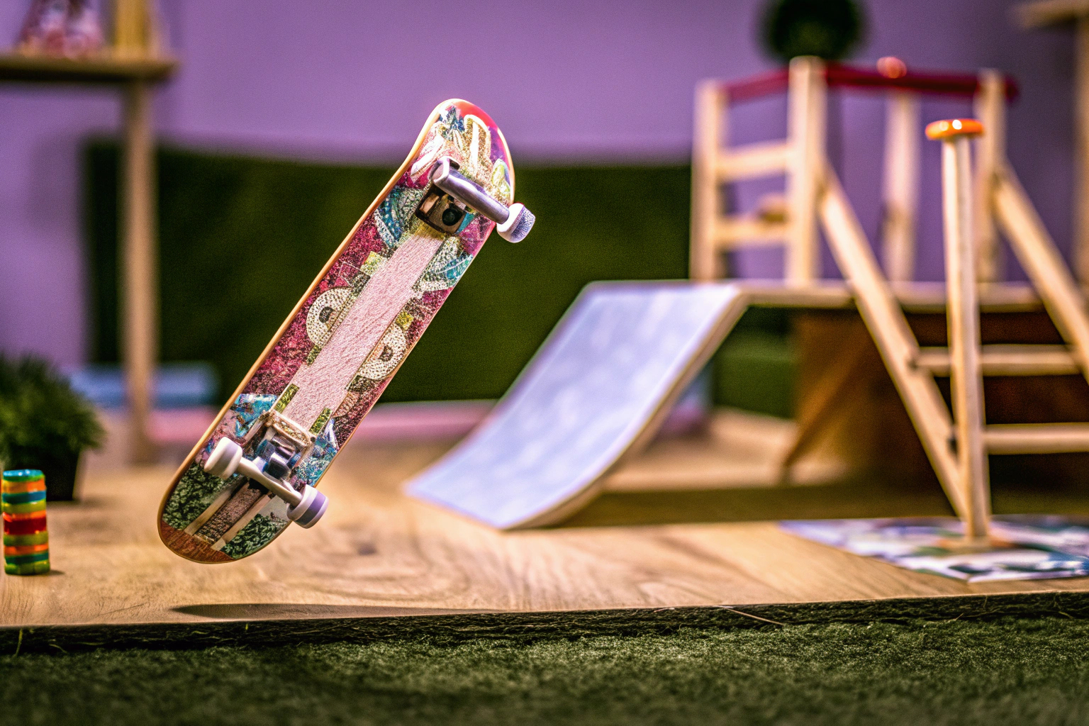 Ein Kind, das mit einem Fingerboard aus dem Magicat Set einen Trick ausführt. Kind mit Fingerboard