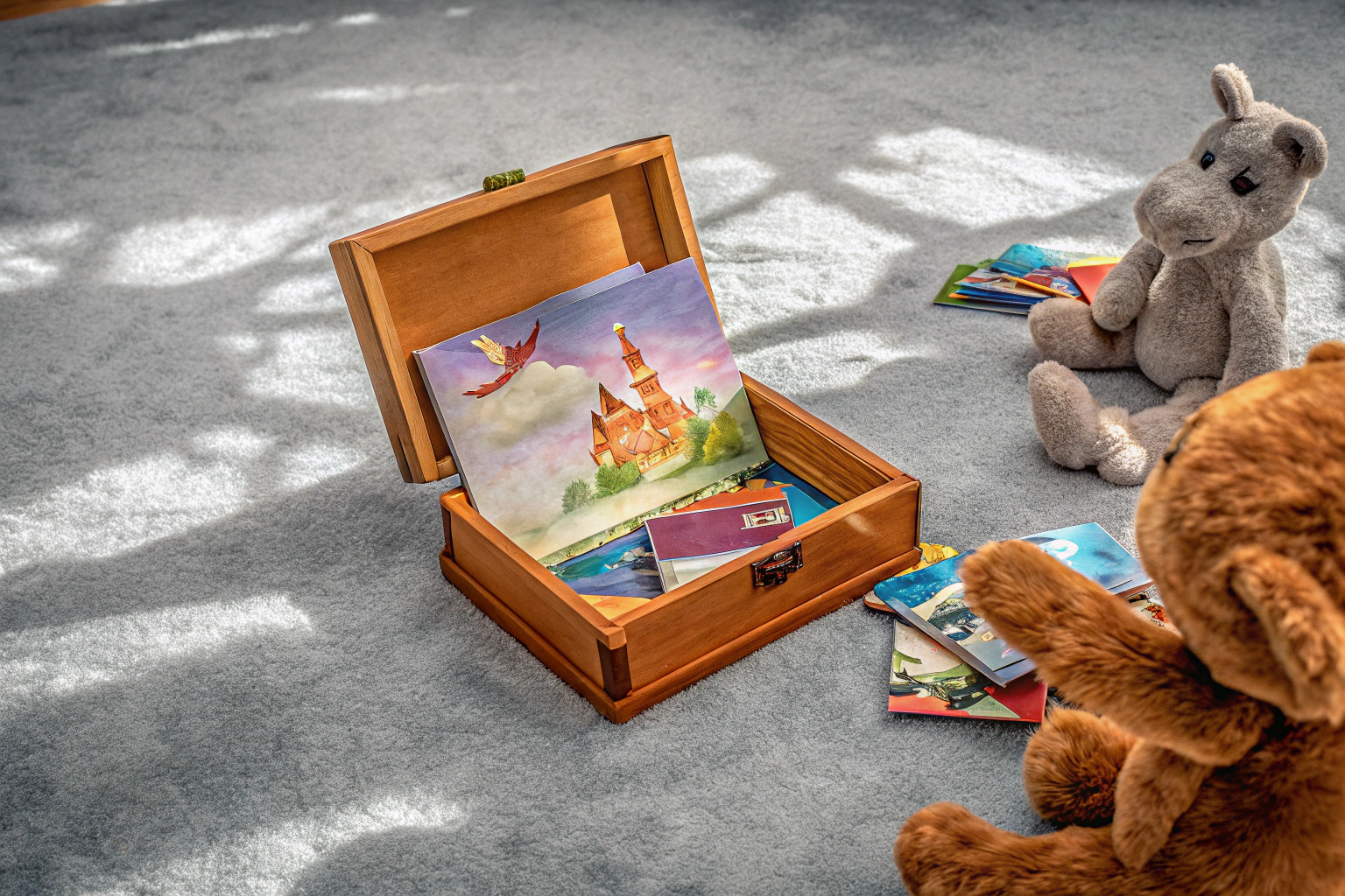 Ein Kind erzählt eine Geschichte mit Hilfe der Story Box Karten. Kind erzählt eine Geschichte mit Story Box Karten