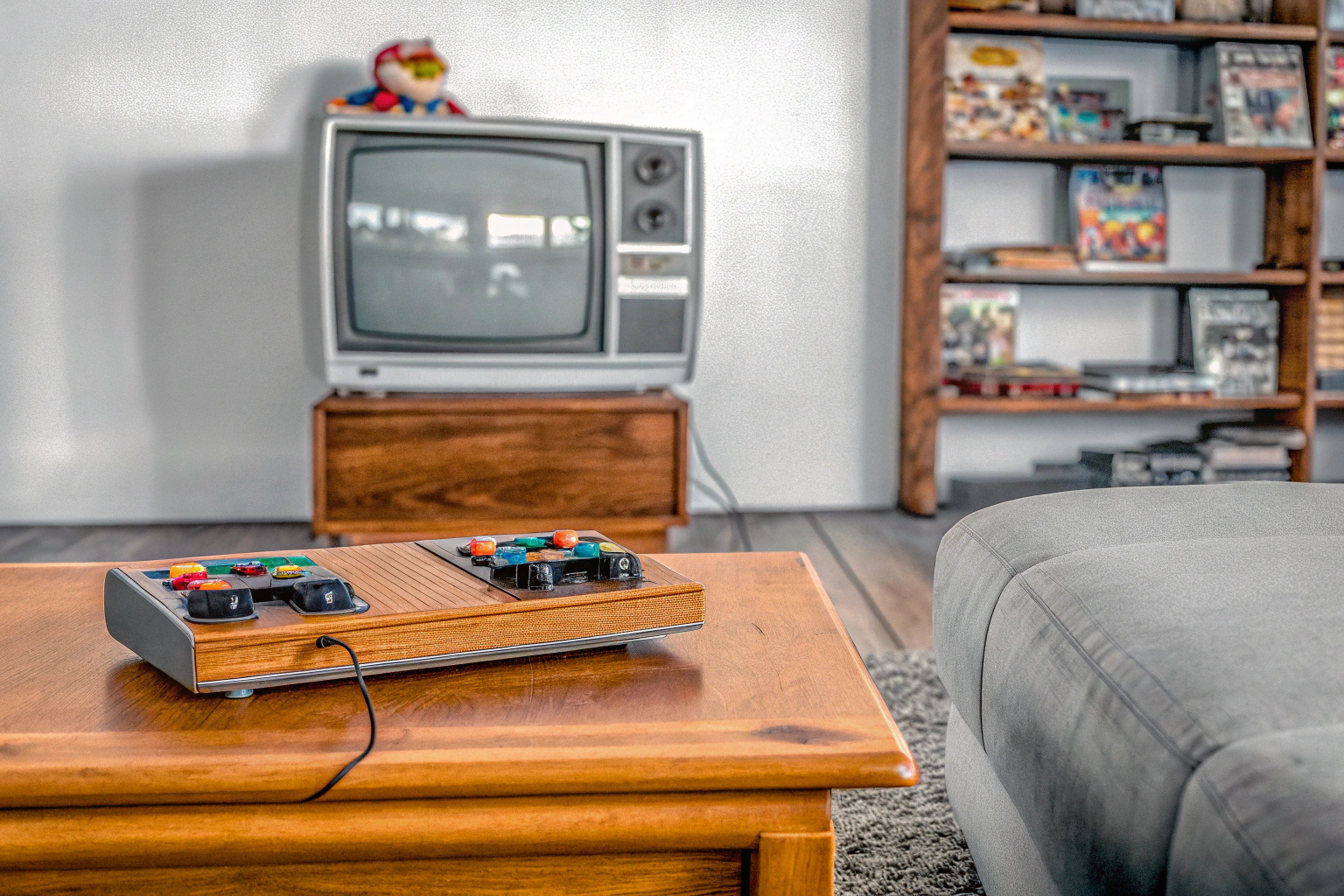 Ein Kind spielt auf einer Retro-Konsole. Retro-Konsole mit Kind